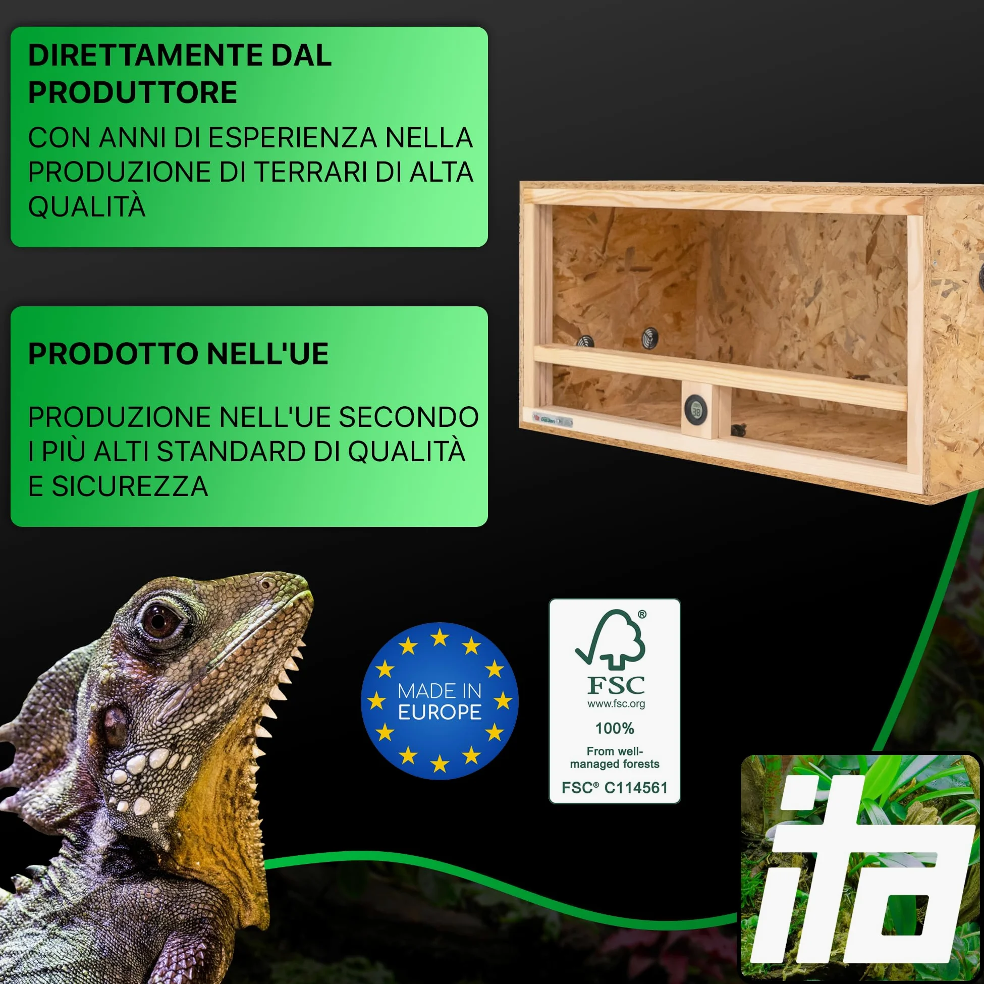 ITA Terrario in legno 80x40x40 cm con ventilazione laterale e igrometro integrato - Terrario in legno OSB-3 - Per rettili, serpenti, anfibi - Prodotto UE, certificato FSC
