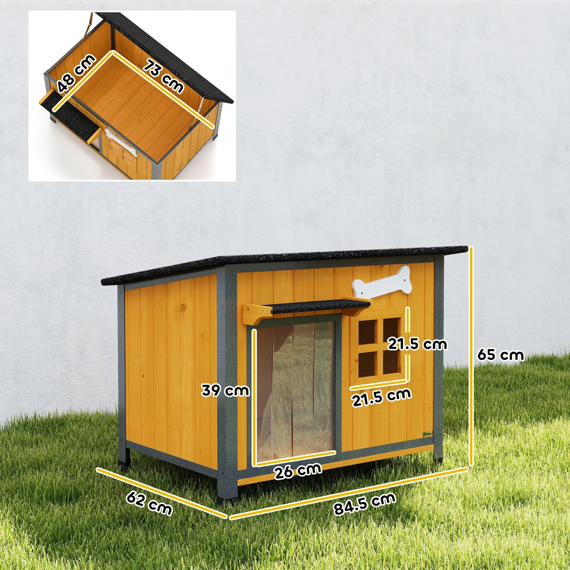 PawHut Cuccia per Cani da Esterno in Legno e Acciaio Anti-Morso, Casetta per Cani Rialzato con Tetto Spiovente Apribile e Impermeabile, Pavimento Rimovibile, Tenda per Porta, Tettoia, 84.5x62x65 cm