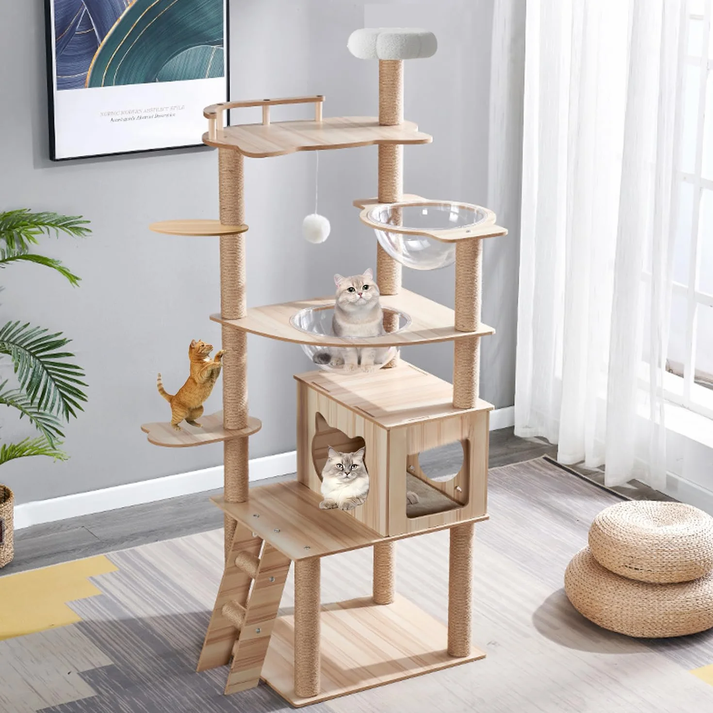 Albero per gatti da 170 cm, per interni, grande, adulto, torre con condominio, scale per gatti, 2 ciotole, 14 tiragraffi in sisal, posatoio superiore, con piattaforma imbottita, palline