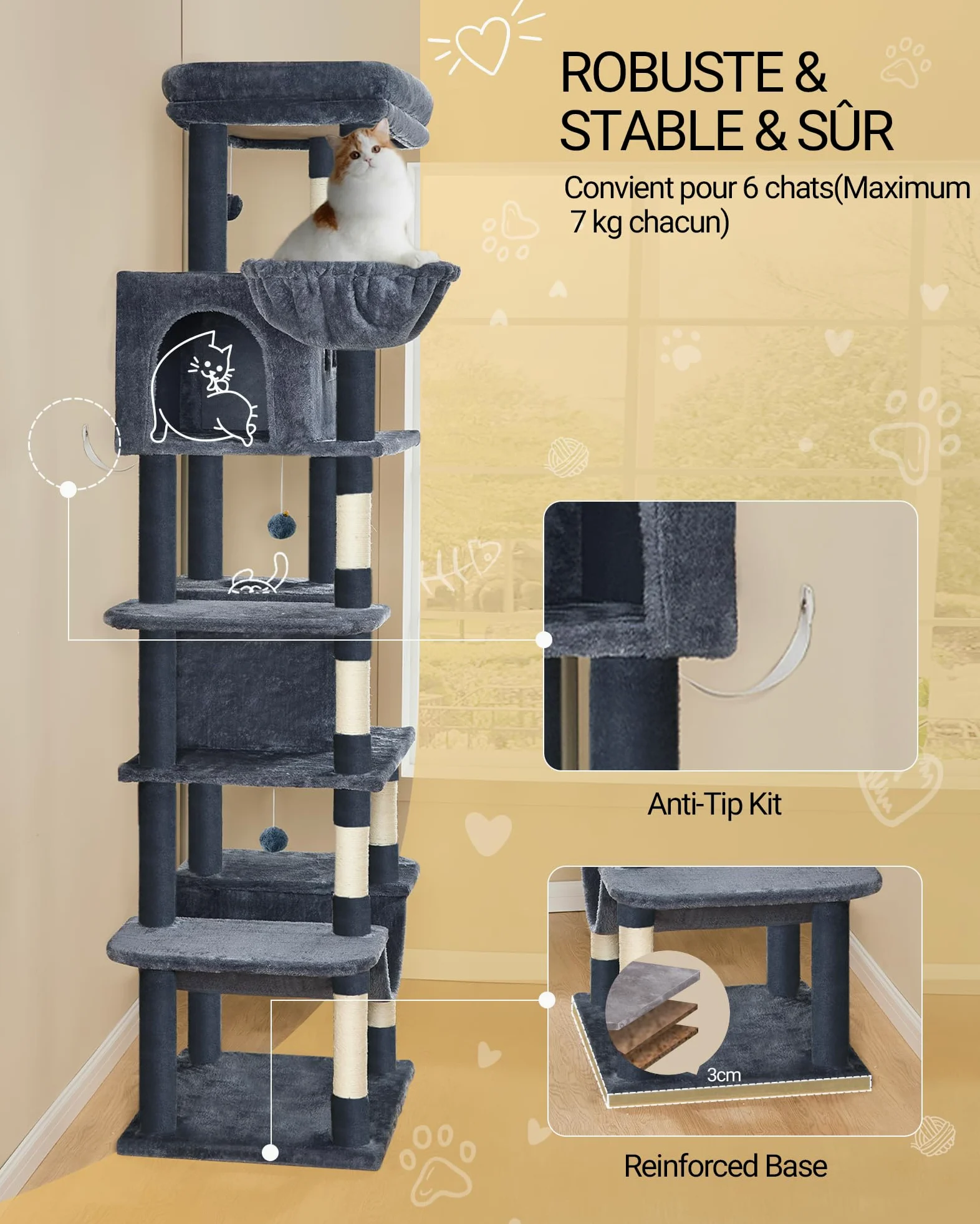 Hzuaneri Albero per Gatti, tiragraffi per gatti adulti 210 cm, xxl, giochi per gatti, Lavabile, trespolo per gattis con 2 Grotte, 8 Tiragraffi, Cestini, Amaca, Pompon, Grigio Scuro MS21018SG