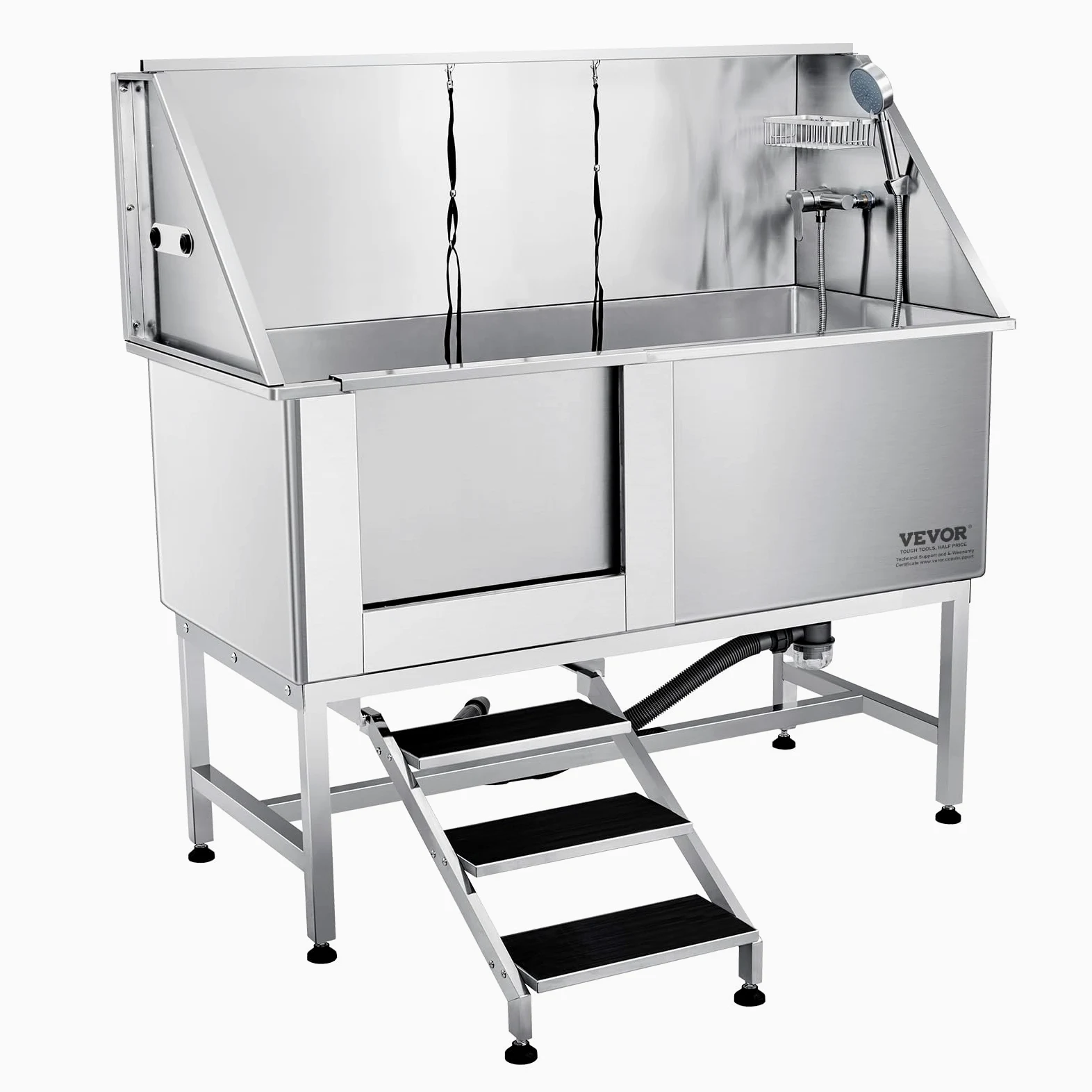 VEVOR Vasca da Bagno per Cani Animali Vasca di Doccia per Animali Domestici in Acciaio Inox con Scale Lunghezza Max.157 cm Carico Max. Circa 200 kg, Vasca Doccia per Toelettatura per Cani con Scale