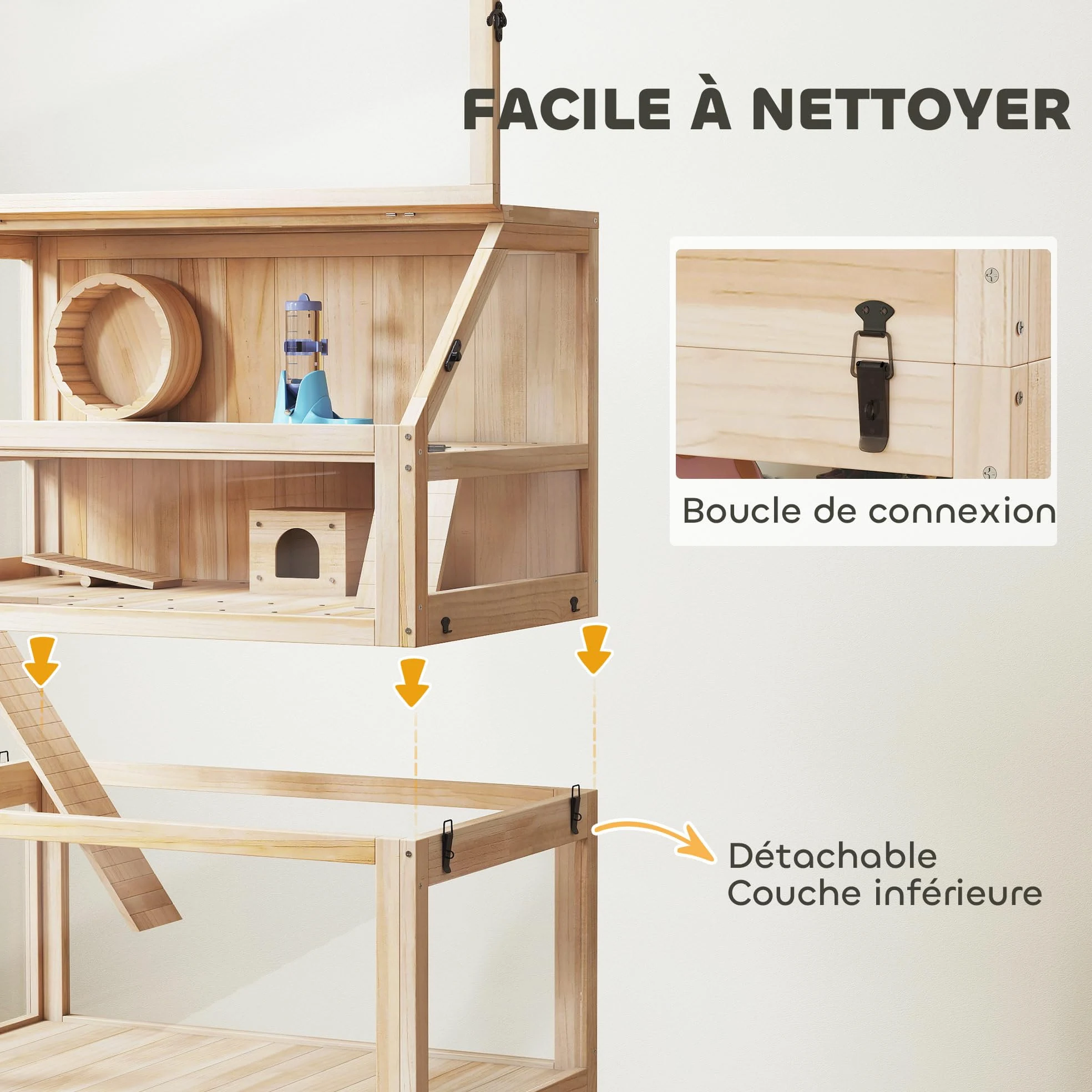 PawHut Gabbia per criceto in legno XXL – Habitat per roditori a 3 piani con pannello acrilico e ruota – Casa piccolo animale di lusso con accessori e ripiano di stoccaggio, 80 x 53 x 117 cm, effetto
