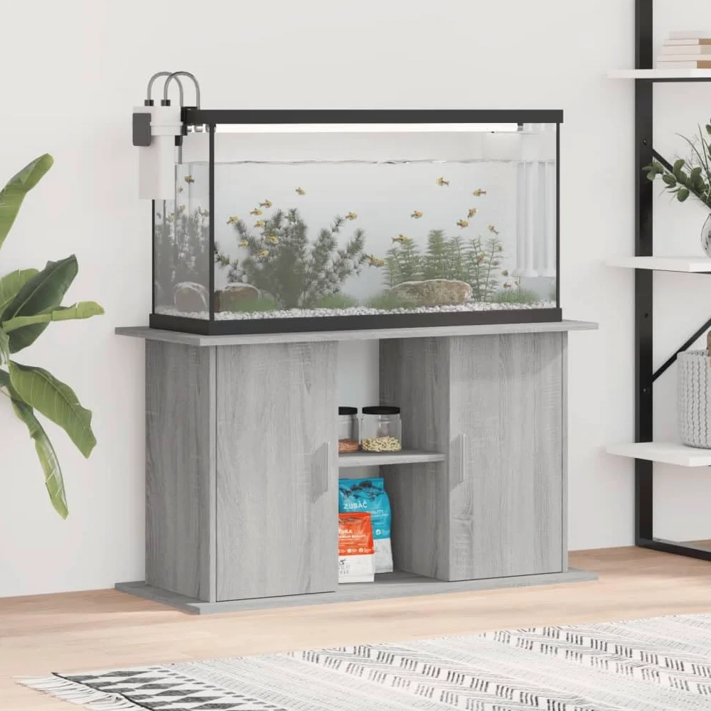 Homgoday Mobiletto per acquario con scomparti e ripiani, Acquario o terrario, Mobiletto per acquario, Tavolo per acquario, Supporto per acquario, Terrario, Grigio Sonoma 101x41x58 cm, Materiale legno