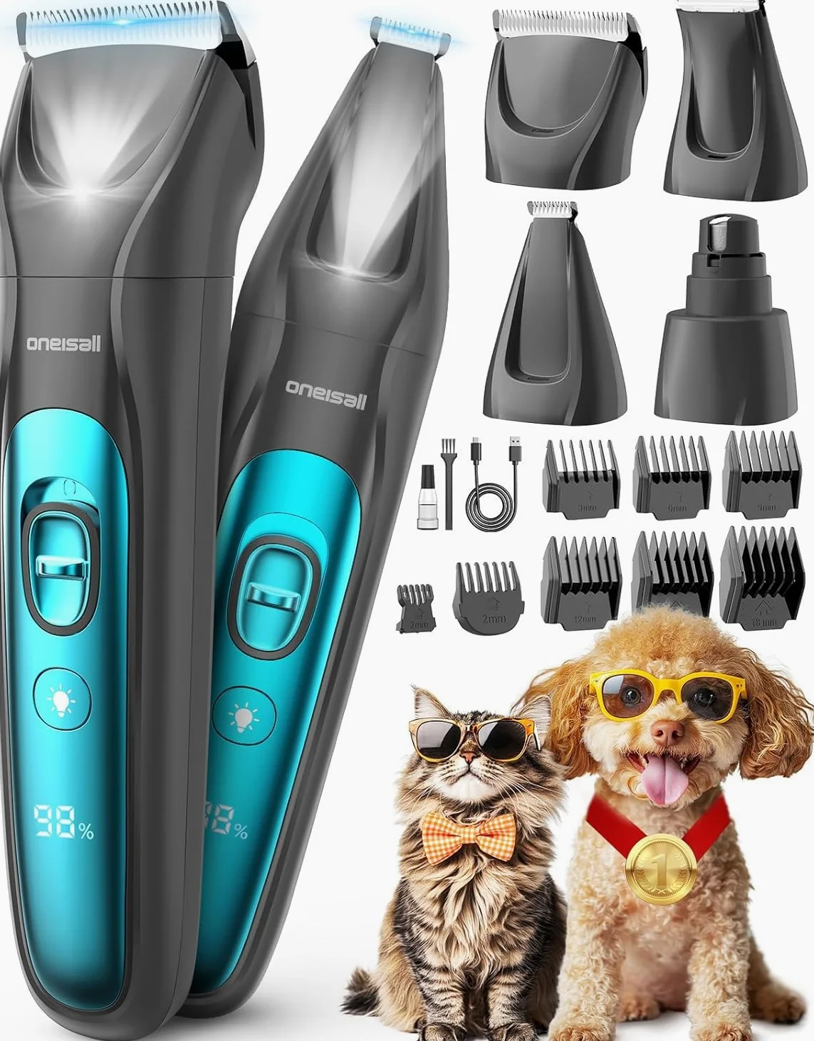 oneisall 4 in 1 Tosatrice per Cane Gatto con Luce LED, 2025 Nuova Versione Cura Peli Animali per Rasoio Cani & Zampe & Smerigliatrice Artiglio, 2000mAh Ricaricabile Rasoio per Cani (Blau, 4-in-1)