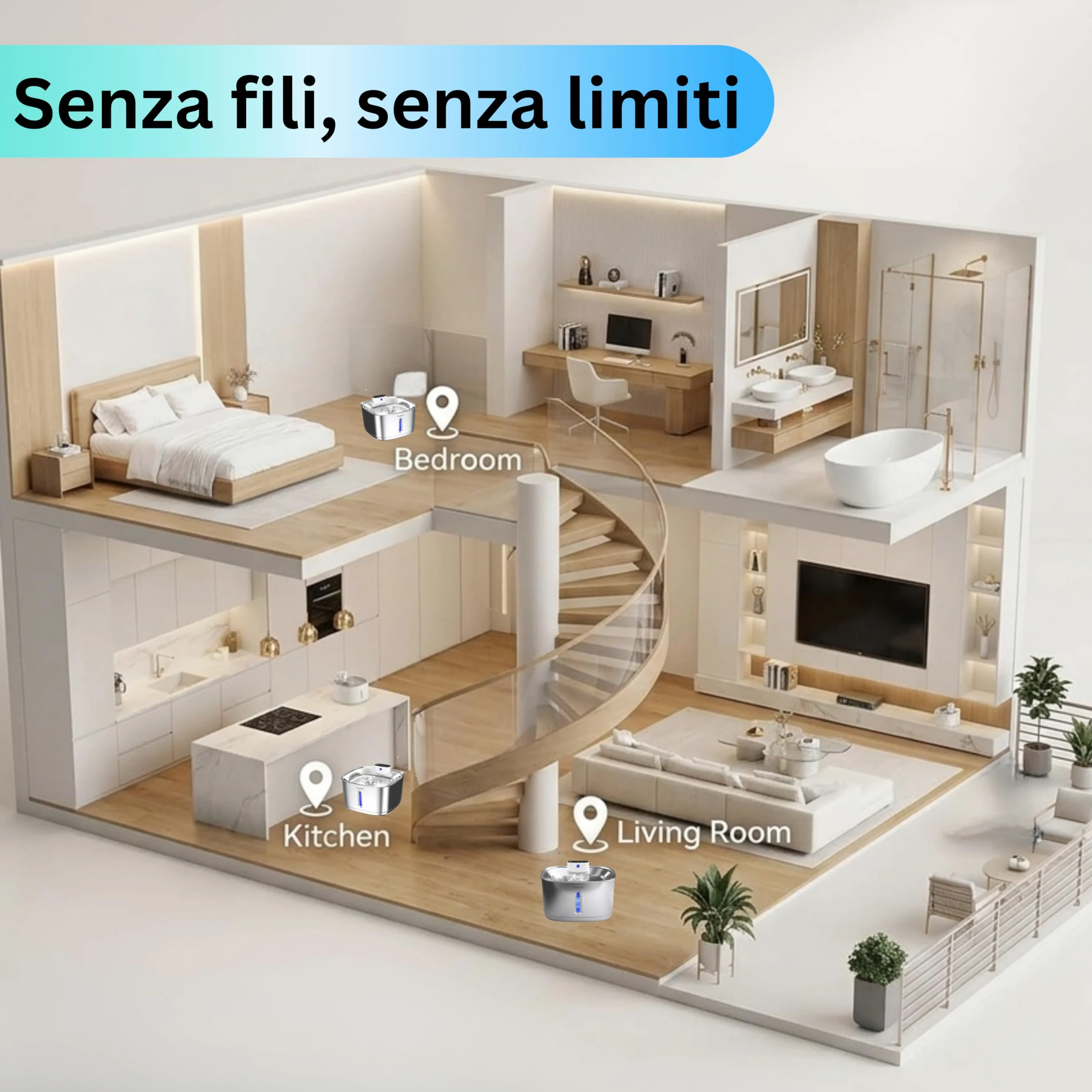 Fontana per l'acqua senza fili CaniMood da 3,2 litri per cani e gatti – Ultra silenziosa con sensore di movimento, filtrazione continua, LED, acciaio inossidabile