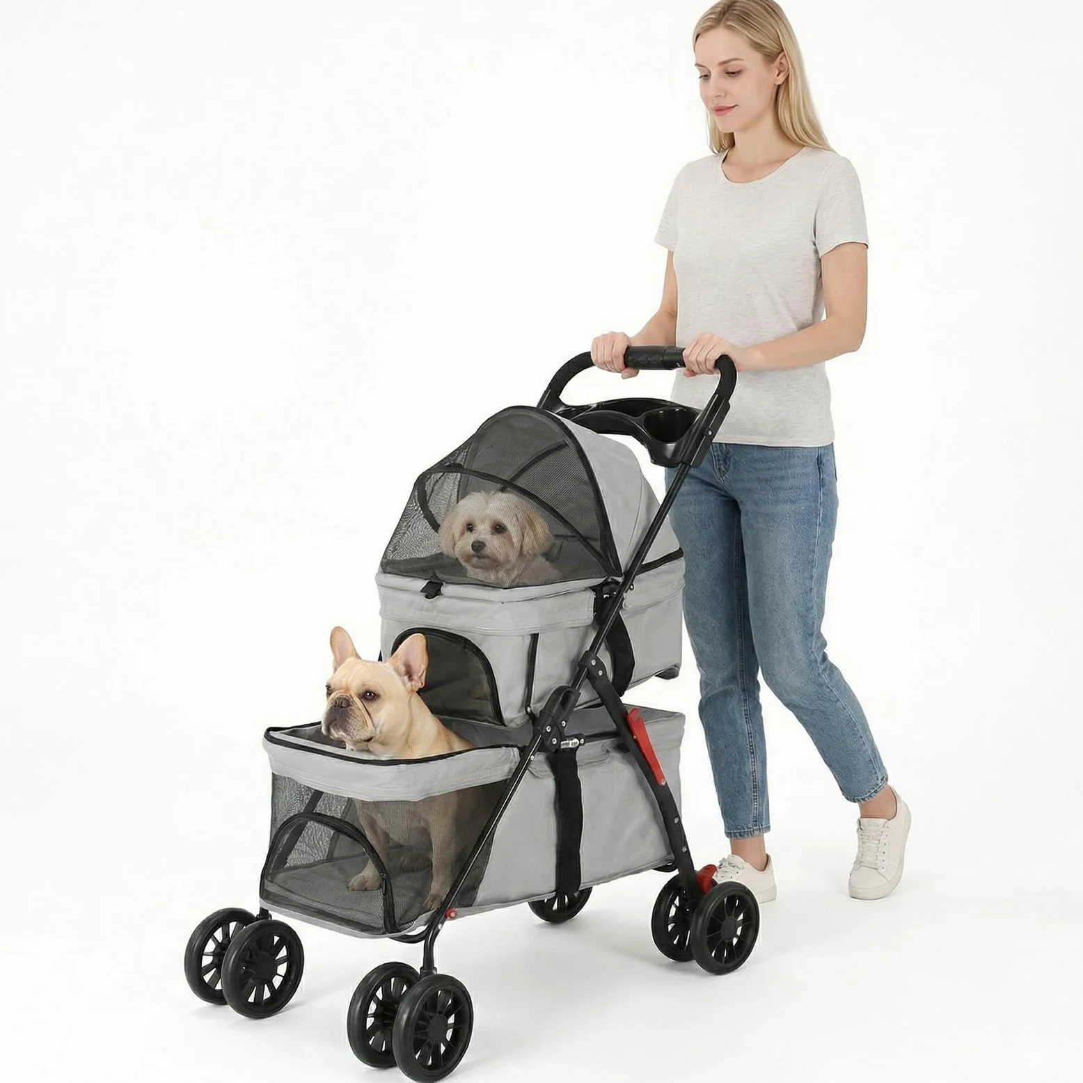 Passeggino per animali domestici a doppio strato per cani e gatti di piccola e media taglia, 3 in 1, pieghevole, passeggino da viaggio leggero, 100 cm x 73 cm x 49 cm (grigio)