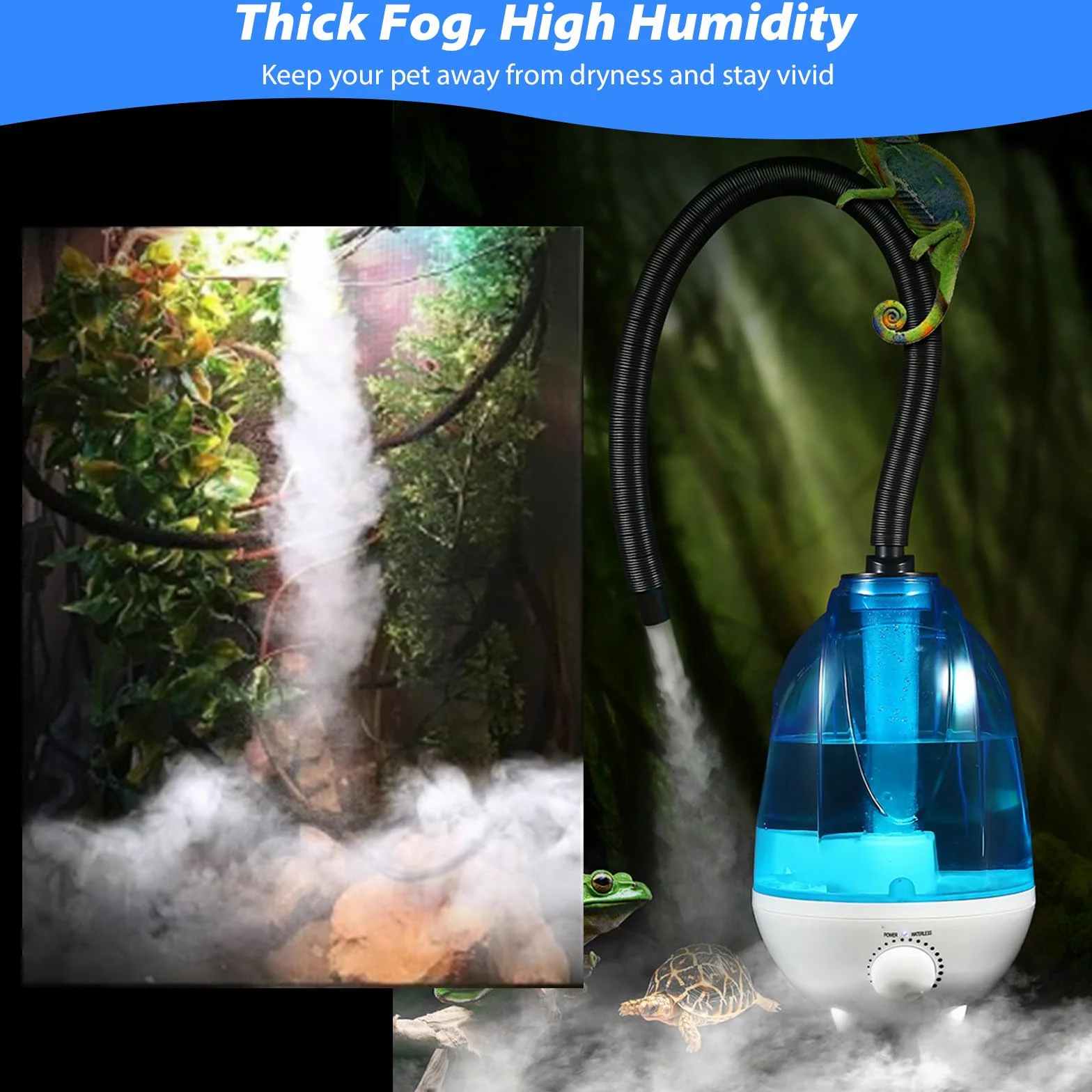 Umidificatore per Terrario 4L - Nebbia 300mL/h con Luce Notturna 7 Colori | Tubo Regolabile 40-160cm | Ultra Silenzioso (<35dB) | Per Rettili, Anfibi e Piante Tropicali