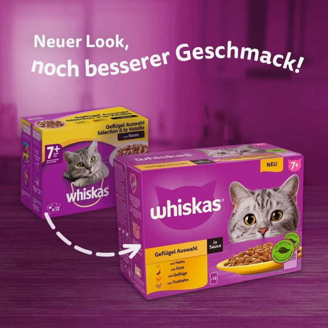 Whiskas 7+ cibo per gatti, pollame a scelta in salsa, 12 x 85 g (4 confezioni) – cibo umido di alta qualità a partire dai 7 anni in 48 sacchetti