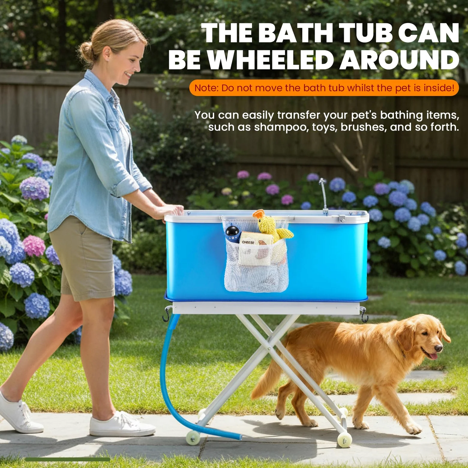 NEWTRY Grande vasca da bagno pieghevole con scarico, carico massimo 80 kg, regolabile in altezza, ruote bloccate, adatta per cani e gatti di piccola e media taglia (blu)