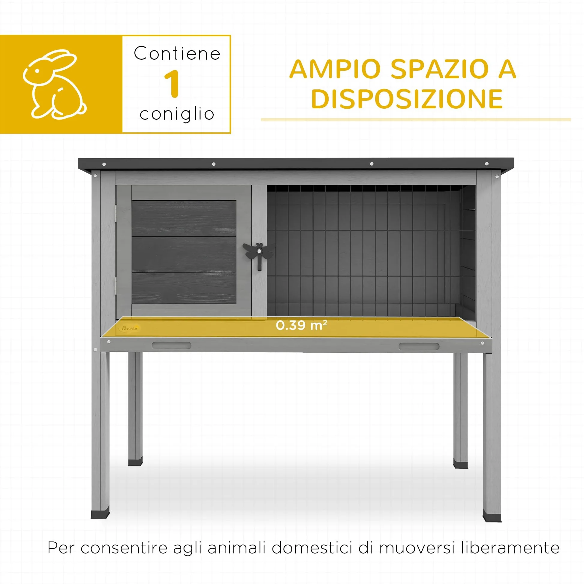 PawHut Conigliera Rialzata in Legno da Esterni con Tetto Apribile, Gabbia per Conigli con Vassoio Estraibile, 84x43x70cm