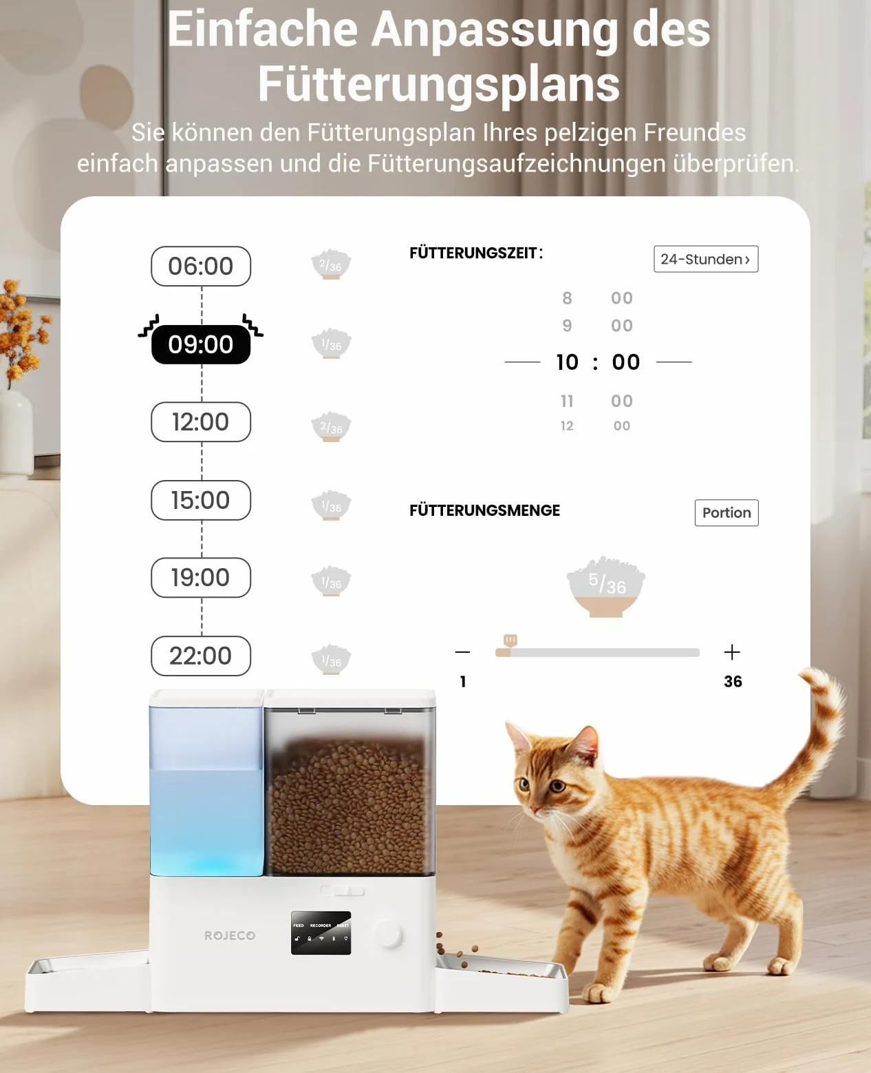 ROJECO Distributore Cibo Gatti Automatico 2-in-1 con Wi-Fi APP, 5L Crocchette + 3.5L Acqua a Gravità, Mangiatoia e Abbeveratoio per Gatti