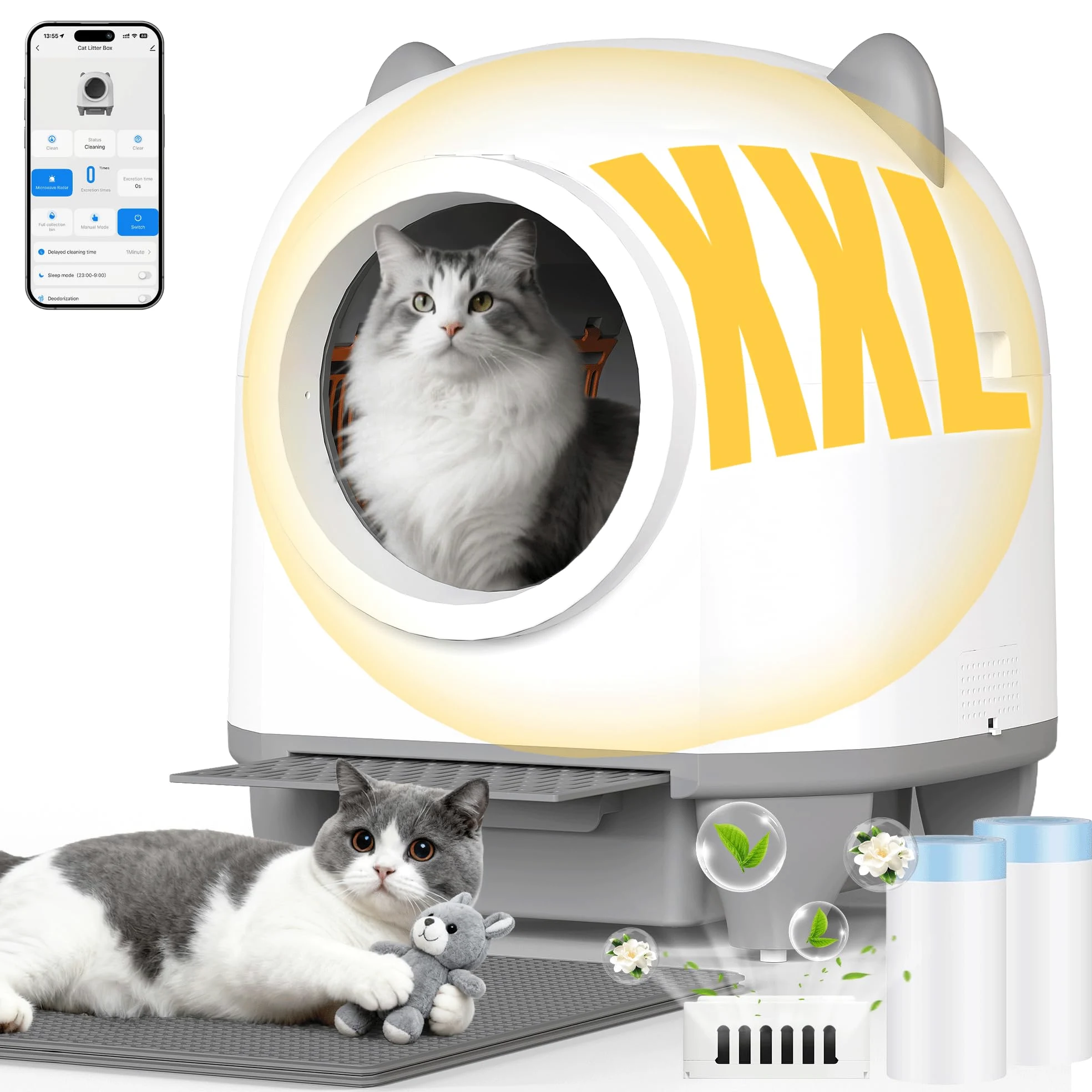 TRIUMPHKEY lettiera gatto autopulente, lettiera autopulente per gatti xxl da 90L con controllo APP/protezione anti-intrappolamento/sistema di deodorizzazione/cat litter box, per famiglie con più gatti