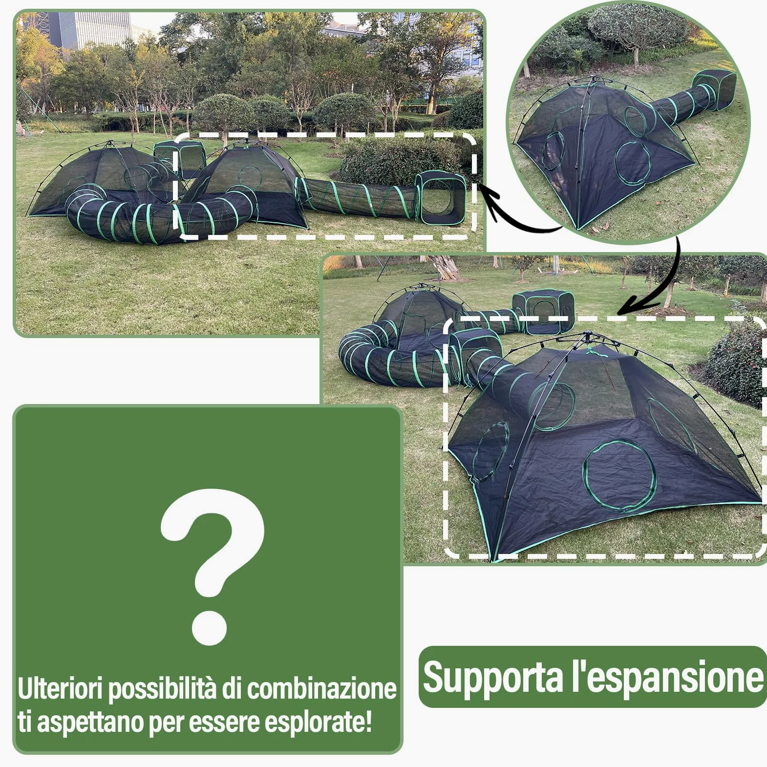 Pawtenda Recinzioni per gatto 3 in 1, portatile, per esterni, con 1 tenda a cupola, 1 tunnel dritto e 1 cubo, box all'aperto per gatto, conigli e altri animali