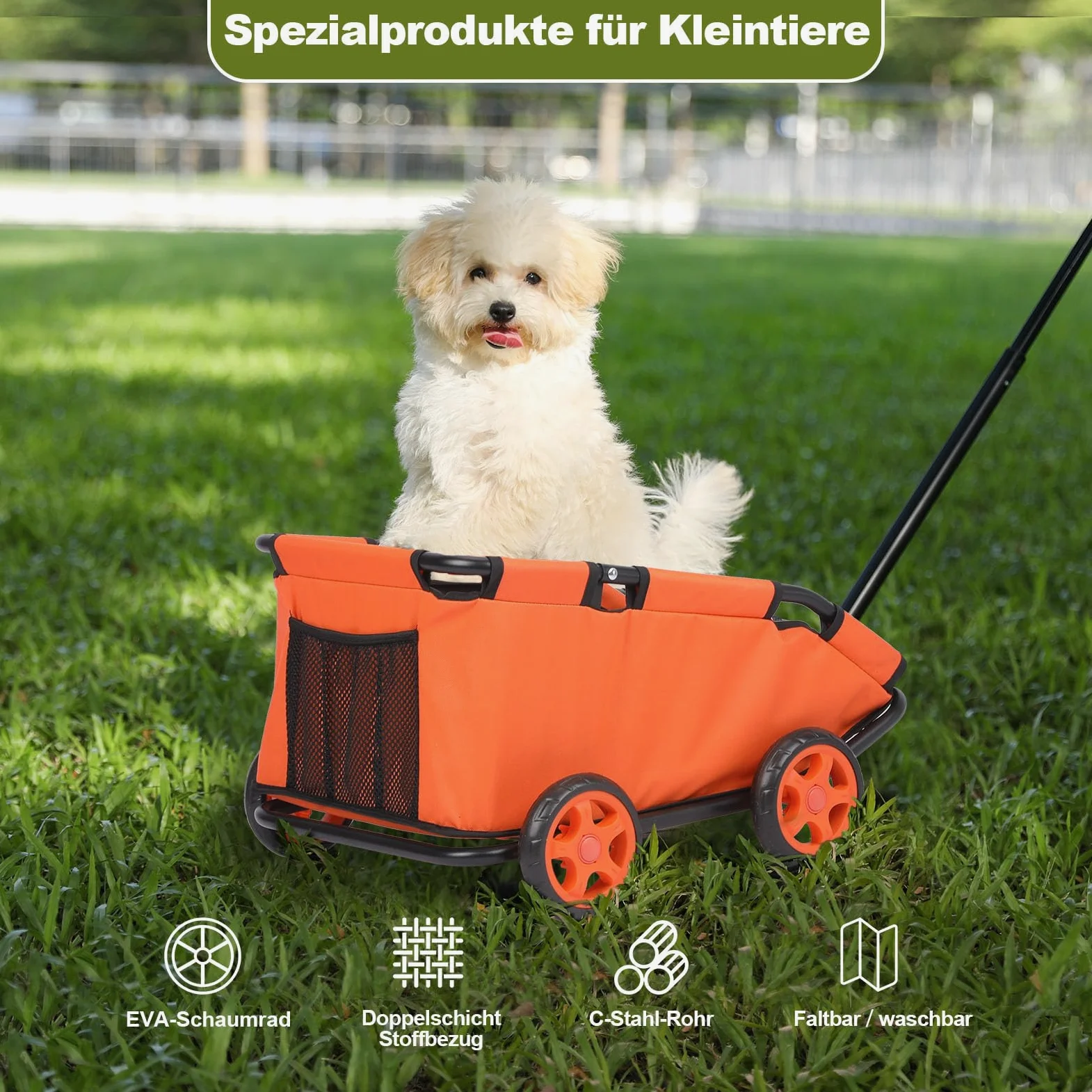 Passeggino per mini animali domestici, carrello della spesa pieghevole multifunzionale con maniglia estensibile, cuscino integrato e corda di sicurezza con borsa (arancione)