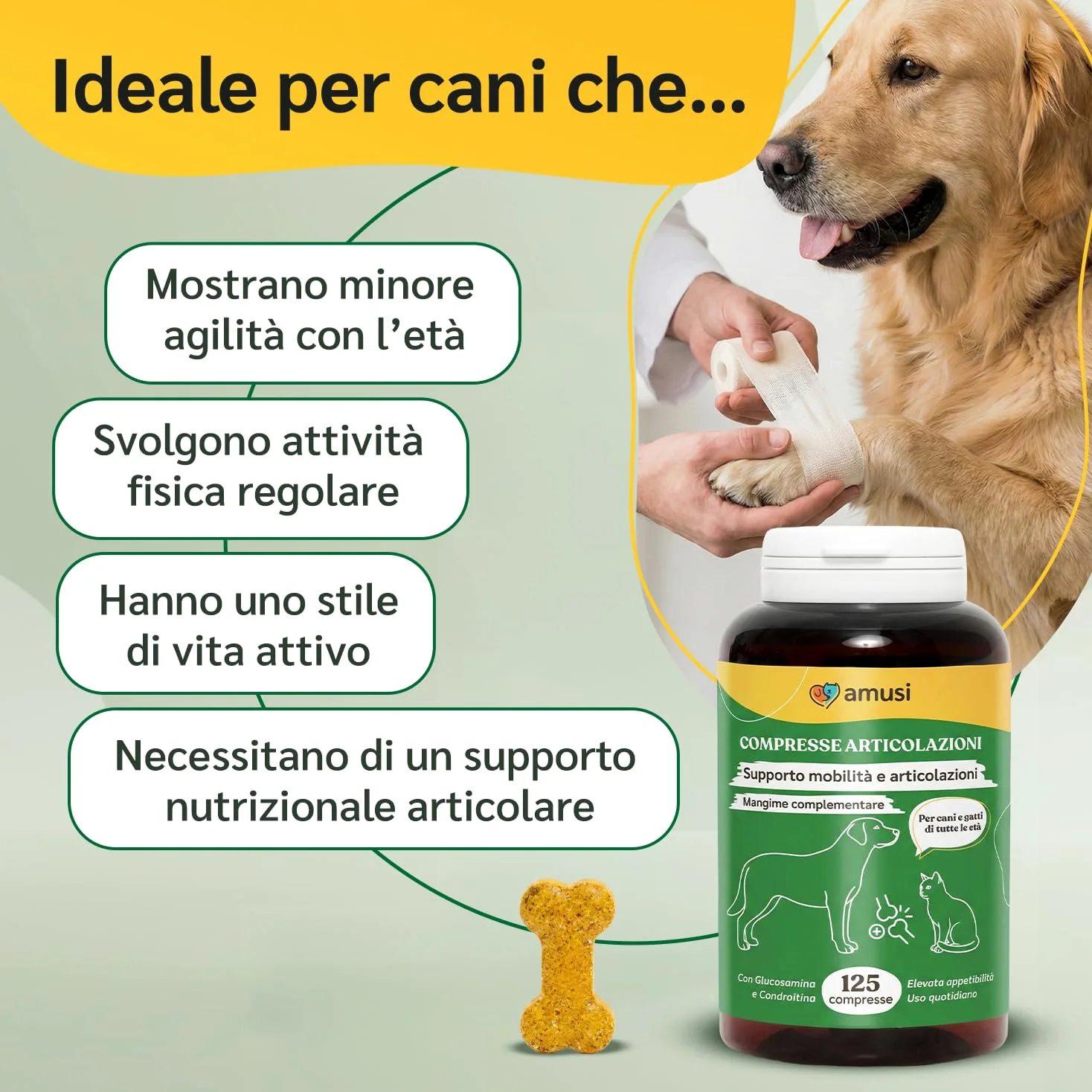 amusi Igiene Orale + Articolazioni per cani: Dentifricio in Polvere 60g con Ascophyllum e Menta per Denti e Alito + Integratore 125 Compresse con Glucosamina, Condroitina, MSM e Curcuma