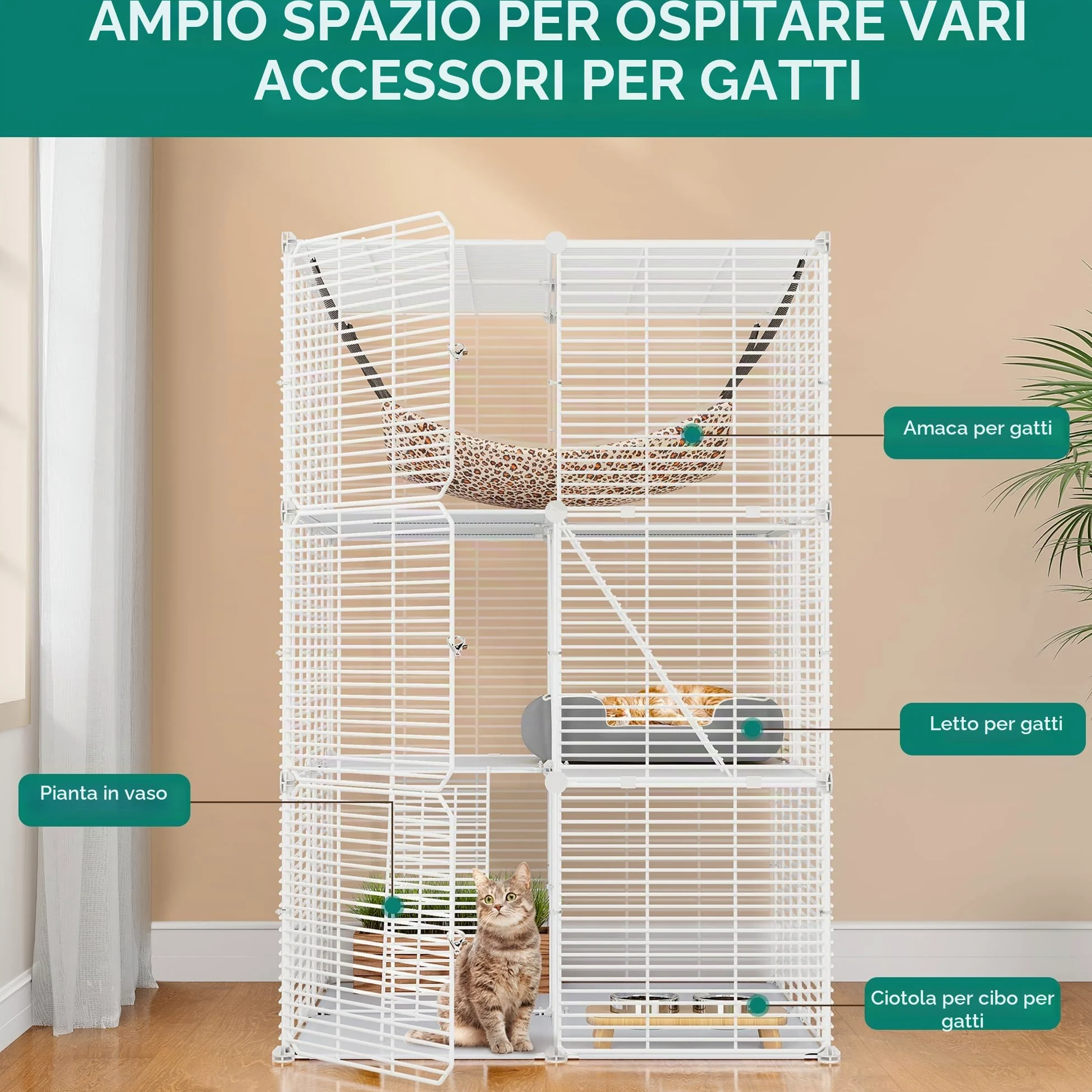YITAHOME Recinto per Gatti a 3 Livelli Con 3 Porte, 2 Scale, Box in Metallo Con Amaca, Catio a Filo Denso Rimovibile per 1-2 Gatti, Bianco, 72x72x104 cm