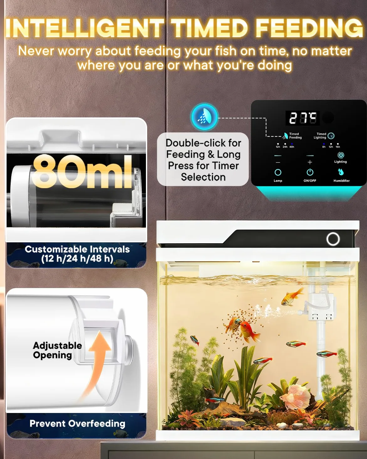 Vehipa Acquario per Pesci Rossi da 16L, Completo Acquario con Alimentatore Automatico, Pompa Silenziosa 4 in 1, Illuminazione Regolabile, Display della Temperatura e Umidificatore