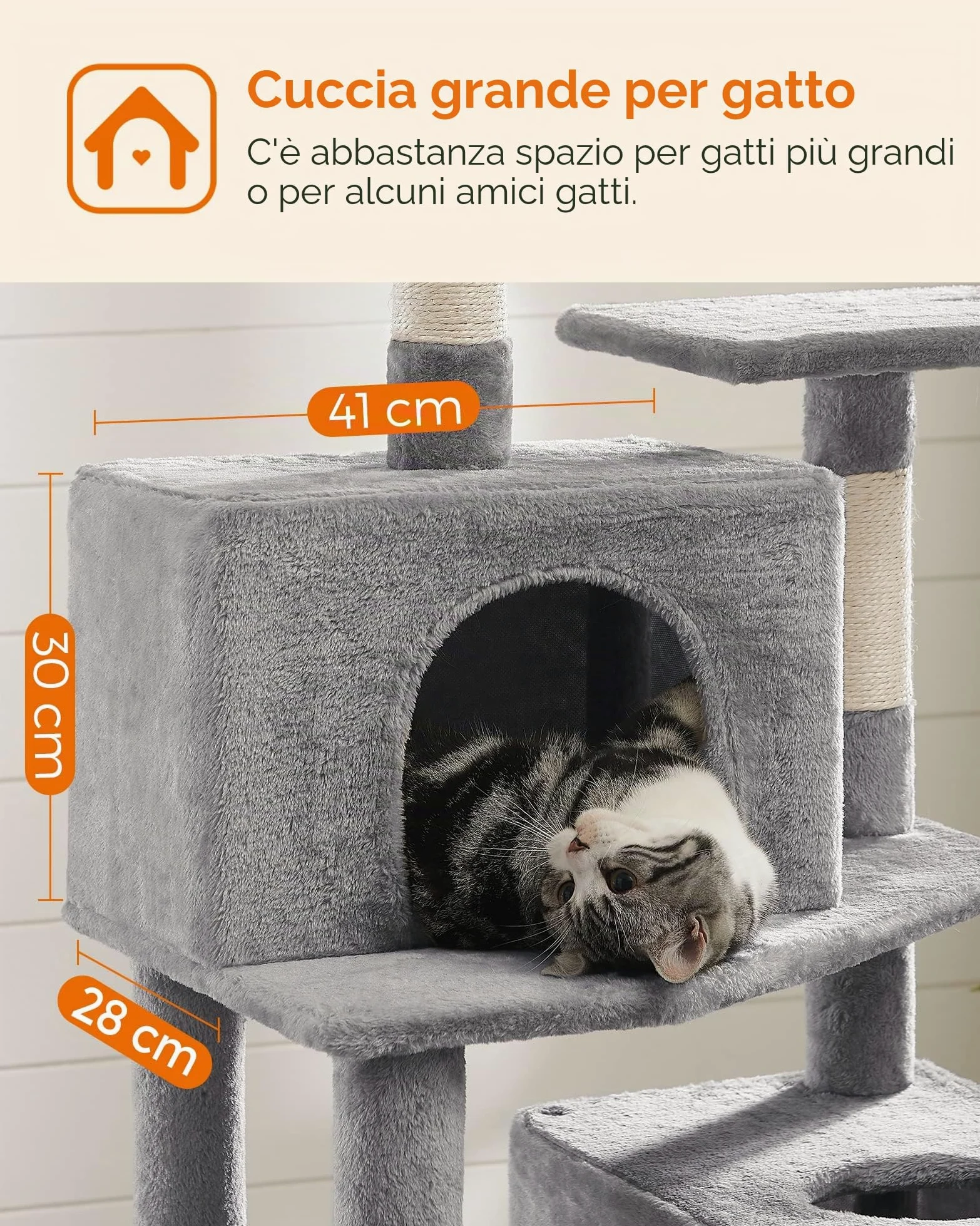 Feandrea Albero per Gatti Alto 191 cm, Tiragraffi per Gatti con 5 Pali Graffiatoi, 2 Posatoi, 2 Grotte, Amaca, 2 Pompon, in Peluche a Più Livelli, Grigio Chiaro PCT191W01