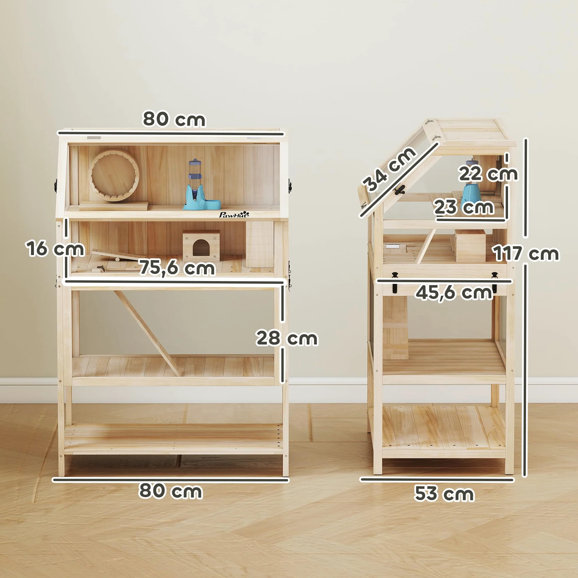 PawHut Gabbia per criceto in legno XXL – Habitat per roditori a 3 piani con pannello acrilico e ruota – Casa piccolo animale di lusso con accessori e ripiano di stoccaggio, 80 x 53 x 117 cm, effetto