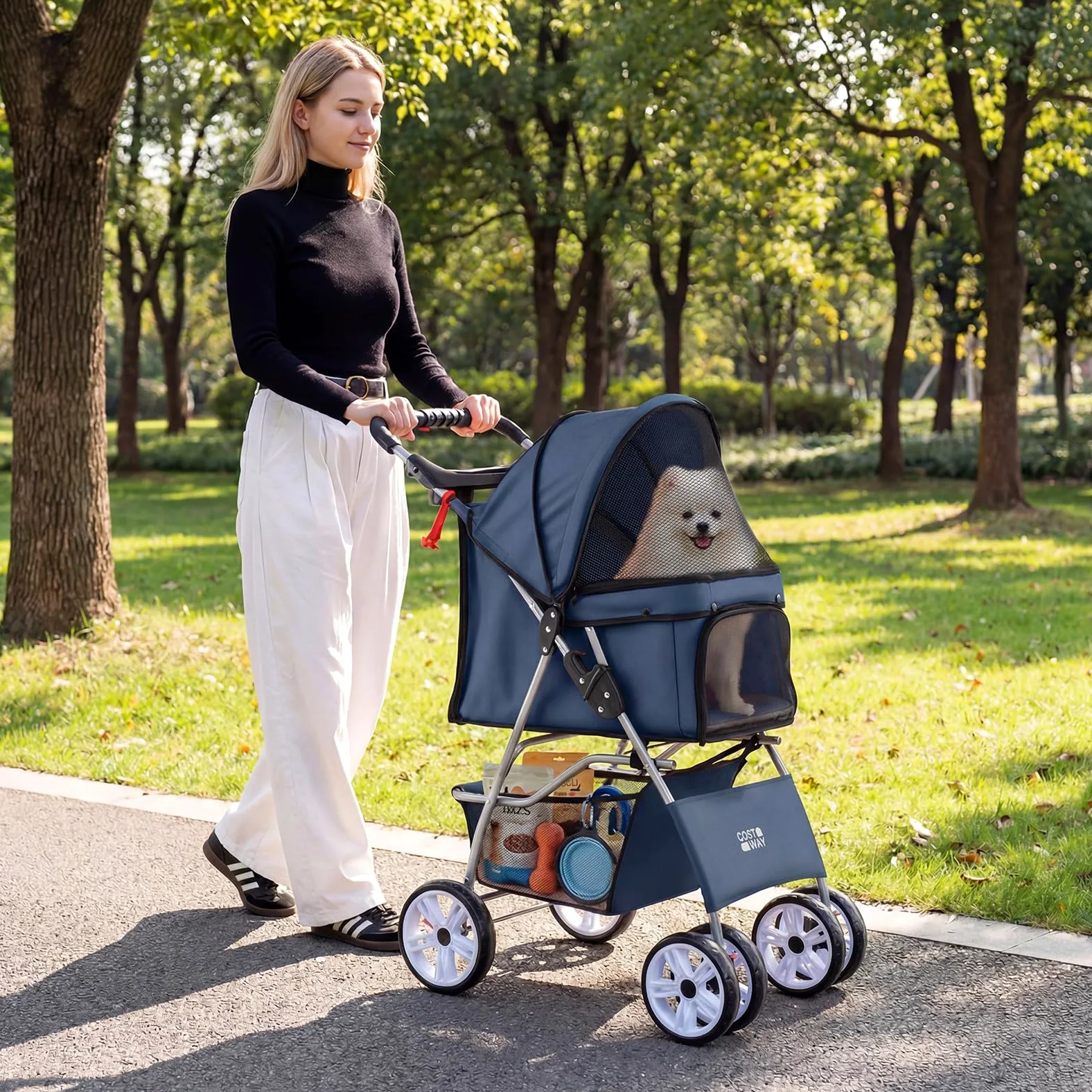 COSTWAY Passeggino per Cani Piccoli Pieghevole Facile, Carrozzina per Cani Portata Fino a 15 kg con Rete Traspirante e Copertura Impermeabile, Passeggino per Gatti per Viaggio (Blu)