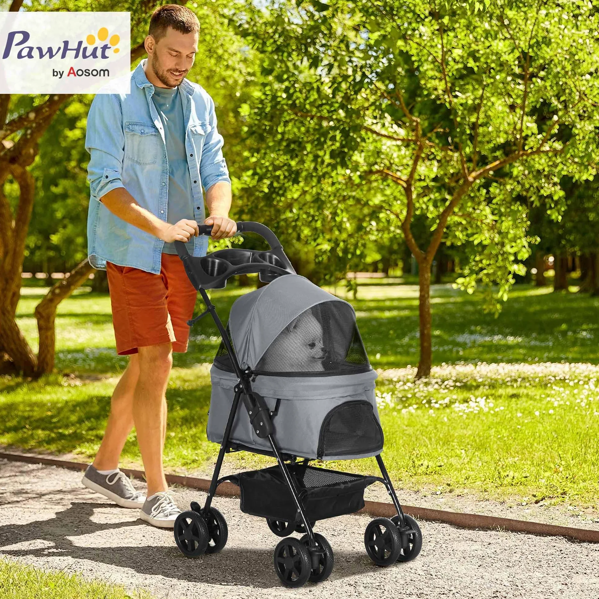 PawHut Passeggino per Cani Piccoli Pieghevole, Passeggino Leggero per Animali con Ruote Girevoli, Guinzaglio di Sicurezza e Cestino Portaoggetti, 67x45x96cm, Grigio
