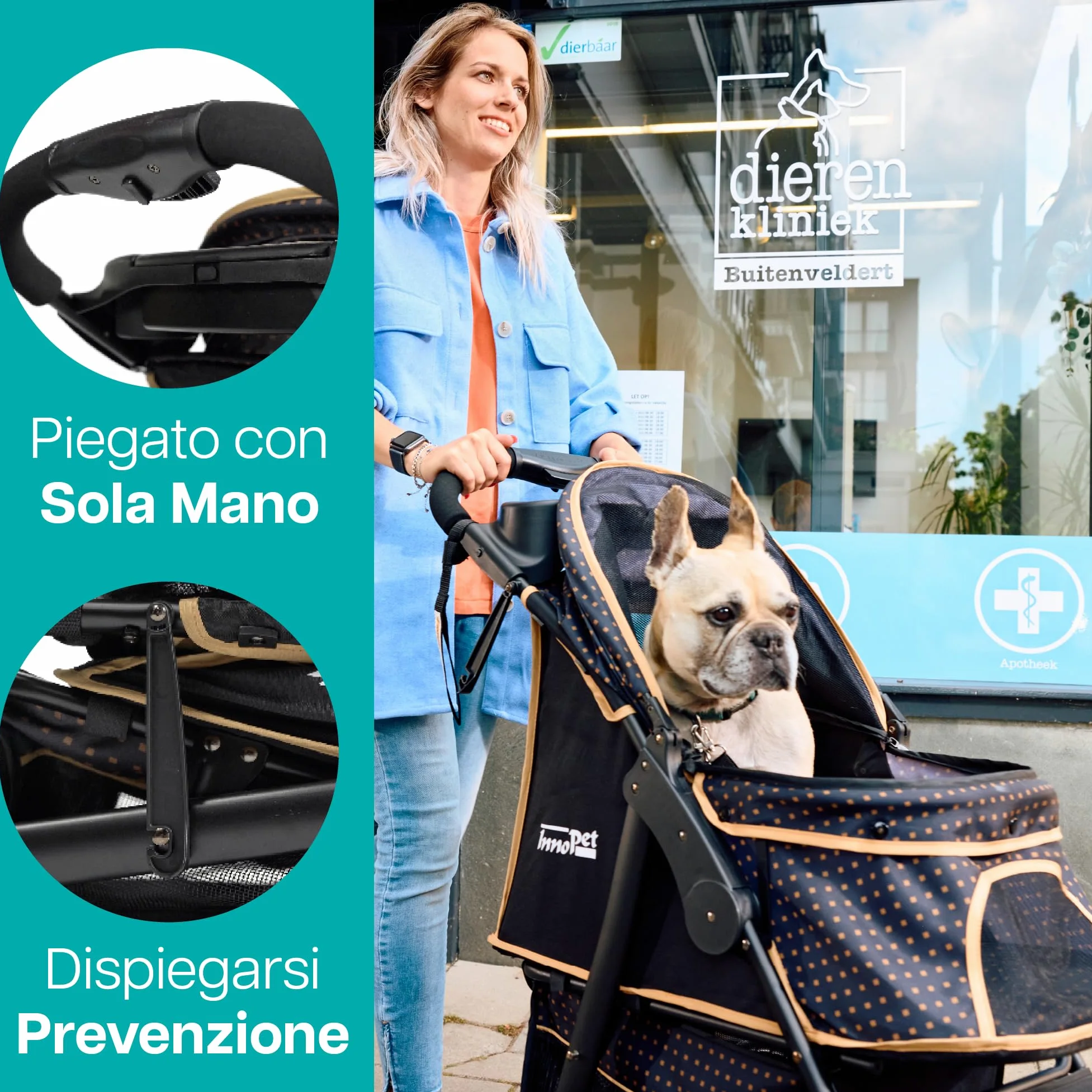 Passeggino Innopet Adventure per cani e gatti, nero/giallo - Passeggino fuoristrada Capacità 30 kg - Ruote antiforatura - Chiusura con una sola mano - Portabicchieri e ampio vano portaoggetti