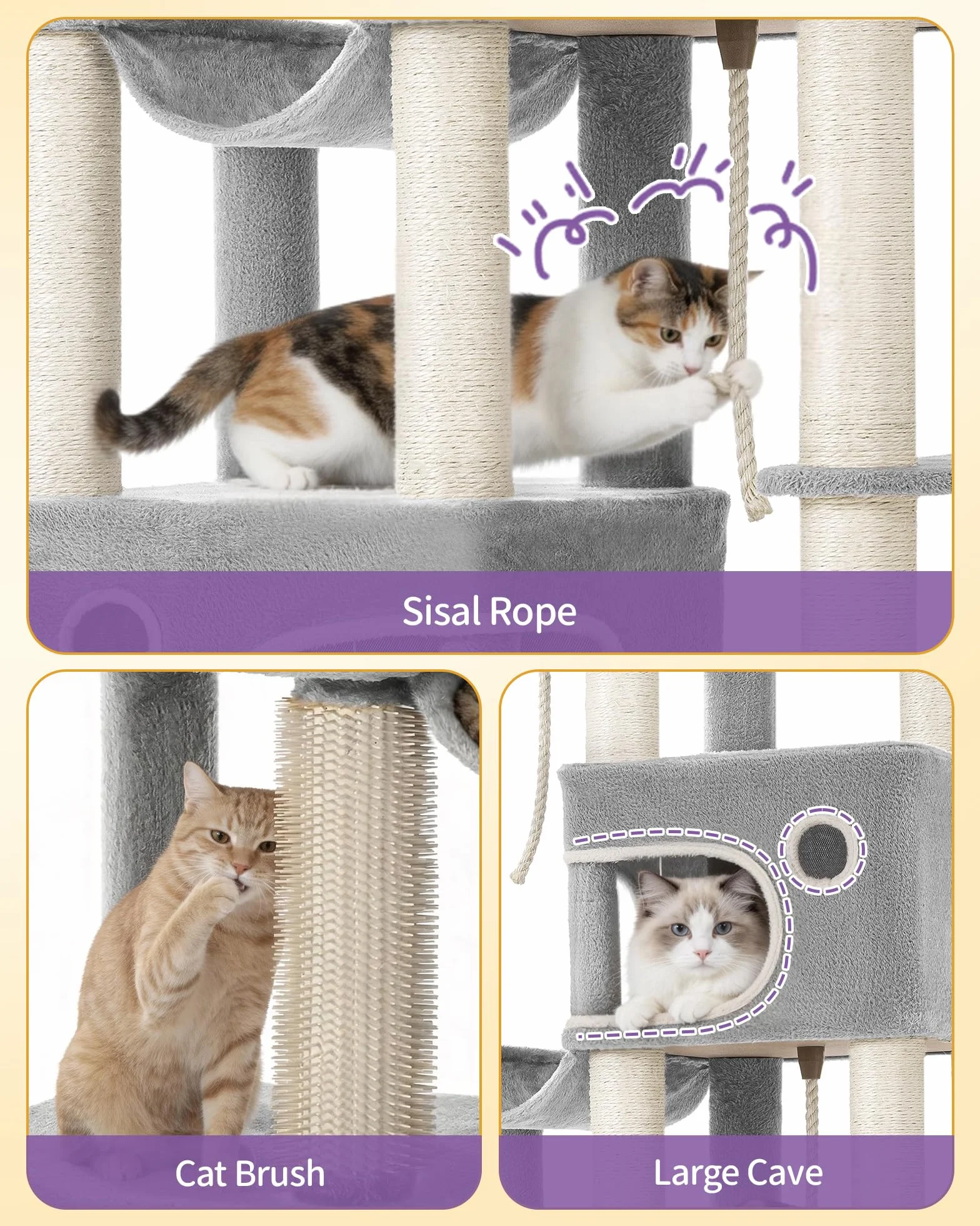 Hzuaneri Albero Tiragraffi Grande per Gatti, Torre per Gatti da Interno 213 cm con 2 Piattaforme XL, 2 Grotte, 10 Pali in Sisal, 2 Amache e Massaggiatore, per Maine Coon, Grigio Chiaro, MS21418LG
