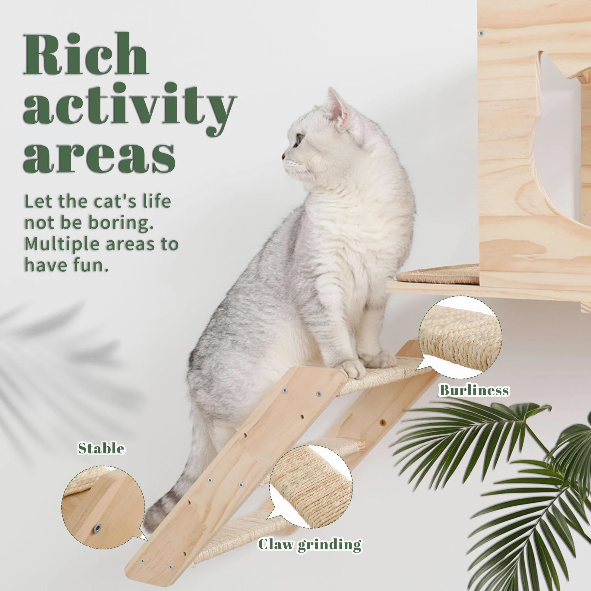 Set di mensole da parete per gatti, con casa, tiragraffi in sisal, gradini per arrampicarsi, in legno massello, per interni, design salvaspazio