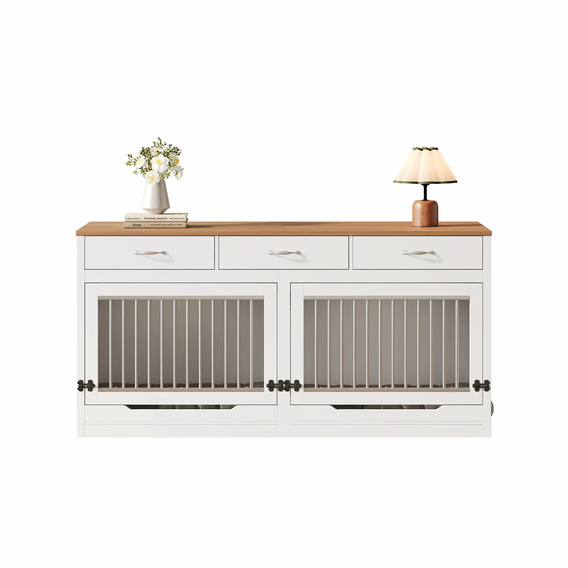 Gabbia per Cani in Legno e Metallo per 2 Cani 164x60x81 cm Cuccia Interna Coperchio Ribaltabile Divisorio Estraibile 3 Cassetti (Bianco + Effetto Legno)