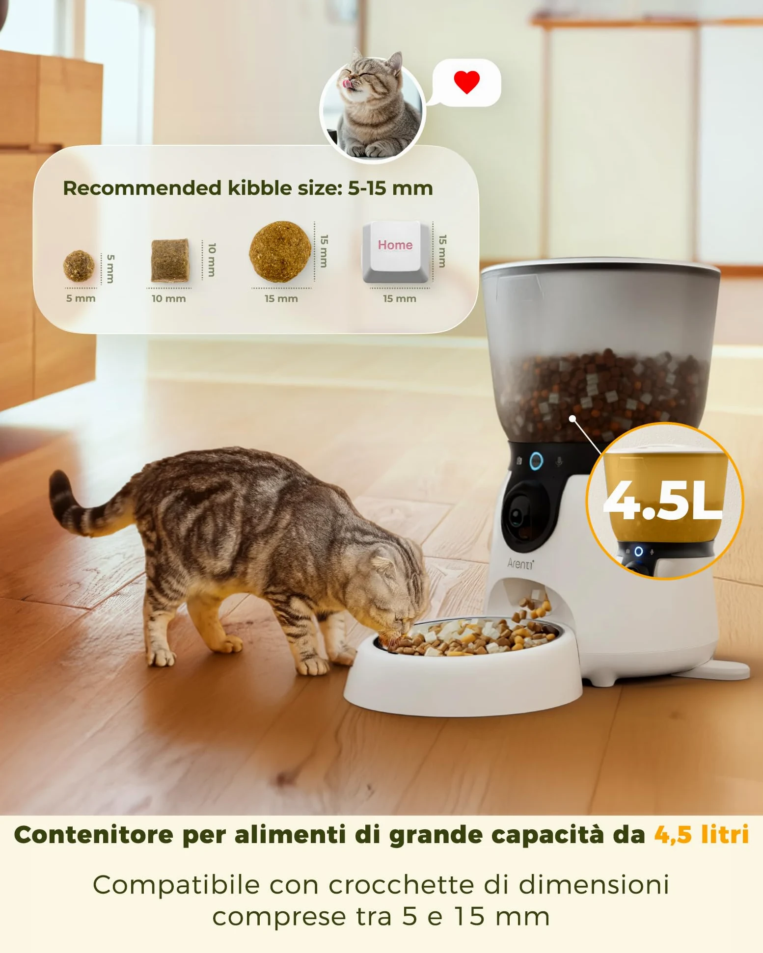 ARENTI Distributore Automatico Cibo per Gatti e Cani con Telecamera HD 2K/3MP,Fontanella per Gatti,WiFi 2.4G&5G,4.5L Dispenser Cibo Gatti/Cani con Audio Bidirezionale, Controllo APP