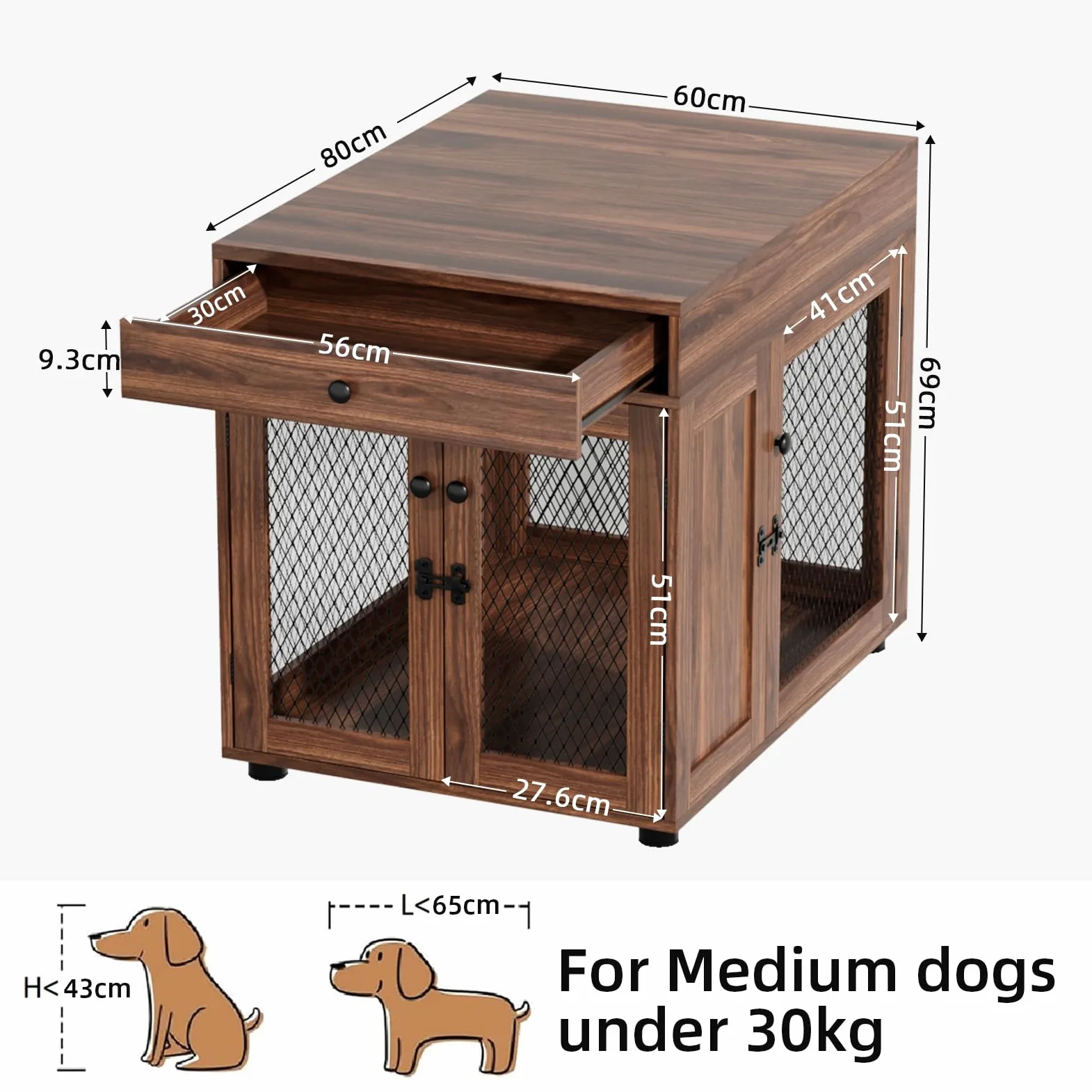 VOWNER Mobili per Cuccia per Cani, Gabbia in Legno a 3 Ante con Cassetto, Cuccia Moderna con Tavolino, 60 x 80 x 69 cm, per Cani di Piccola/Media Fno a 30 kg, Marrone Noce