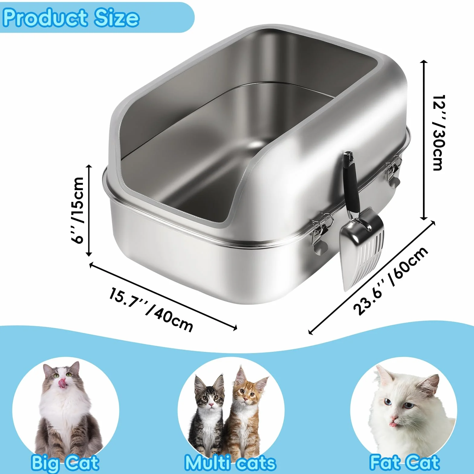 Lettiera per gatti in acciaio inox xl, 60x40x30cm Lettiera semi-chiusa in metallo con recinzione alta, paletta lettiera, antiaderente, facile da pulire