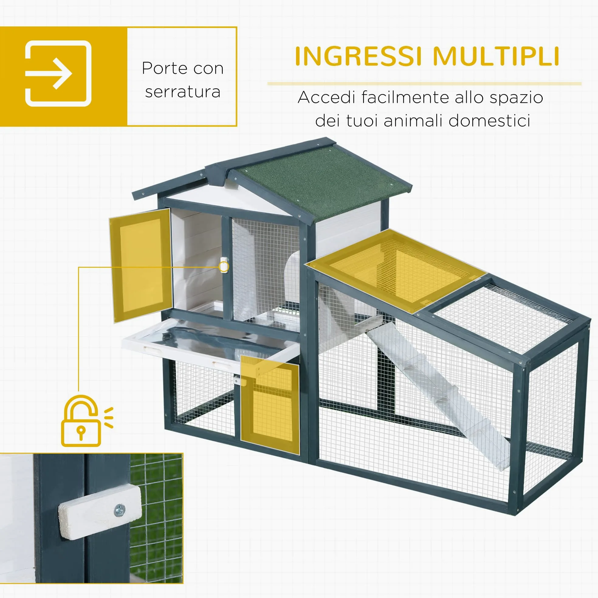 PawHut Gabbia per Conigli Animali in Lengo di Abete Doppia Porta 140 x 65 x 100cm Verde e Bianco
