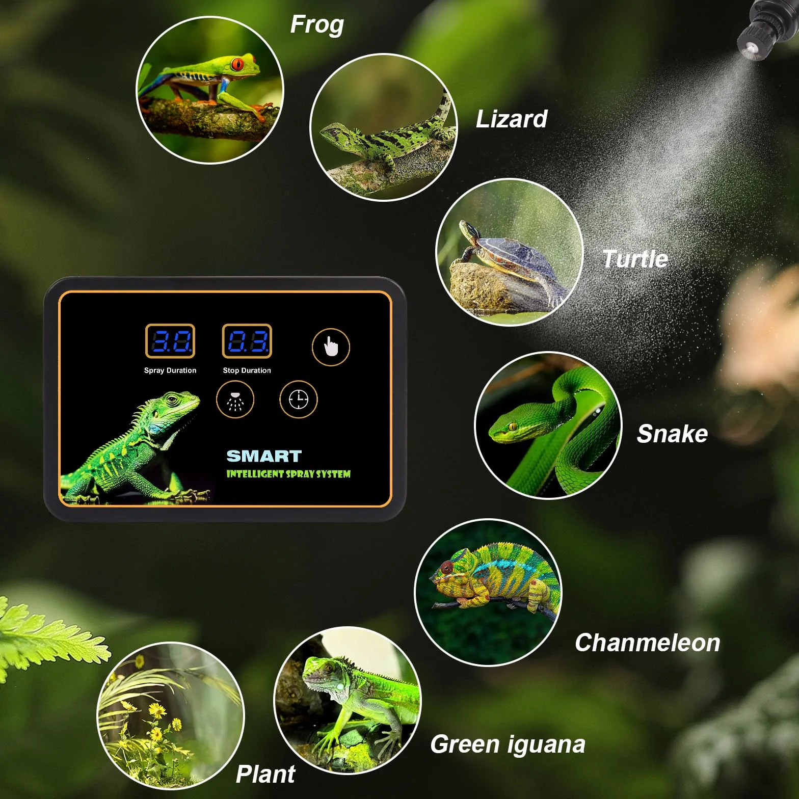 Nebulizzatore Terrario, Glovios Nebulizzazione per Teca Rettili, Umidificatore per Rettili con Timer e Ugelli a 360°, Umidificatore Rotante per Anfibi Rettili Piante Fiori