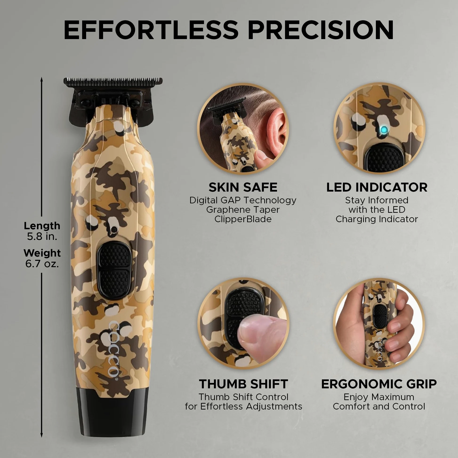 Cocco Hyper Veloce Pro Trimmer, Digital Gap Graphene Blade Edger, High Torque Brushless BLDC Motor, Cordless, design interamente in metallo, batteria agli ioni di litio, base di ricarica inclusa
