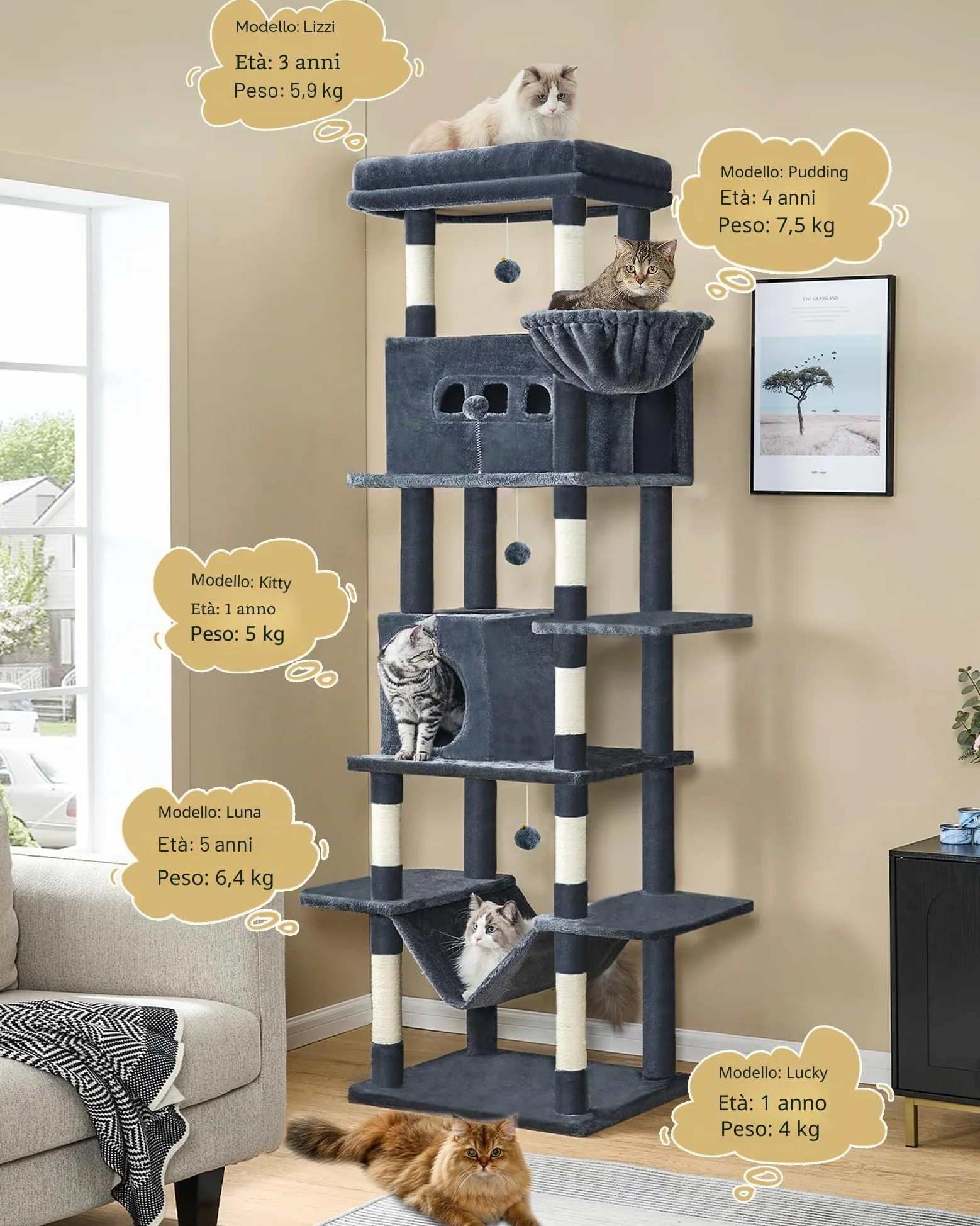 Hzuaneri Albero per Gatti, tiragraffi per gatti adulti 210 cm, xxl, giochi per gatti, Lavabile, trespolo per gattis con 2 Grotte, 8 Tiragraffi, Cestini, Amaca, Pompon, Grigio Scuro MS21018SG