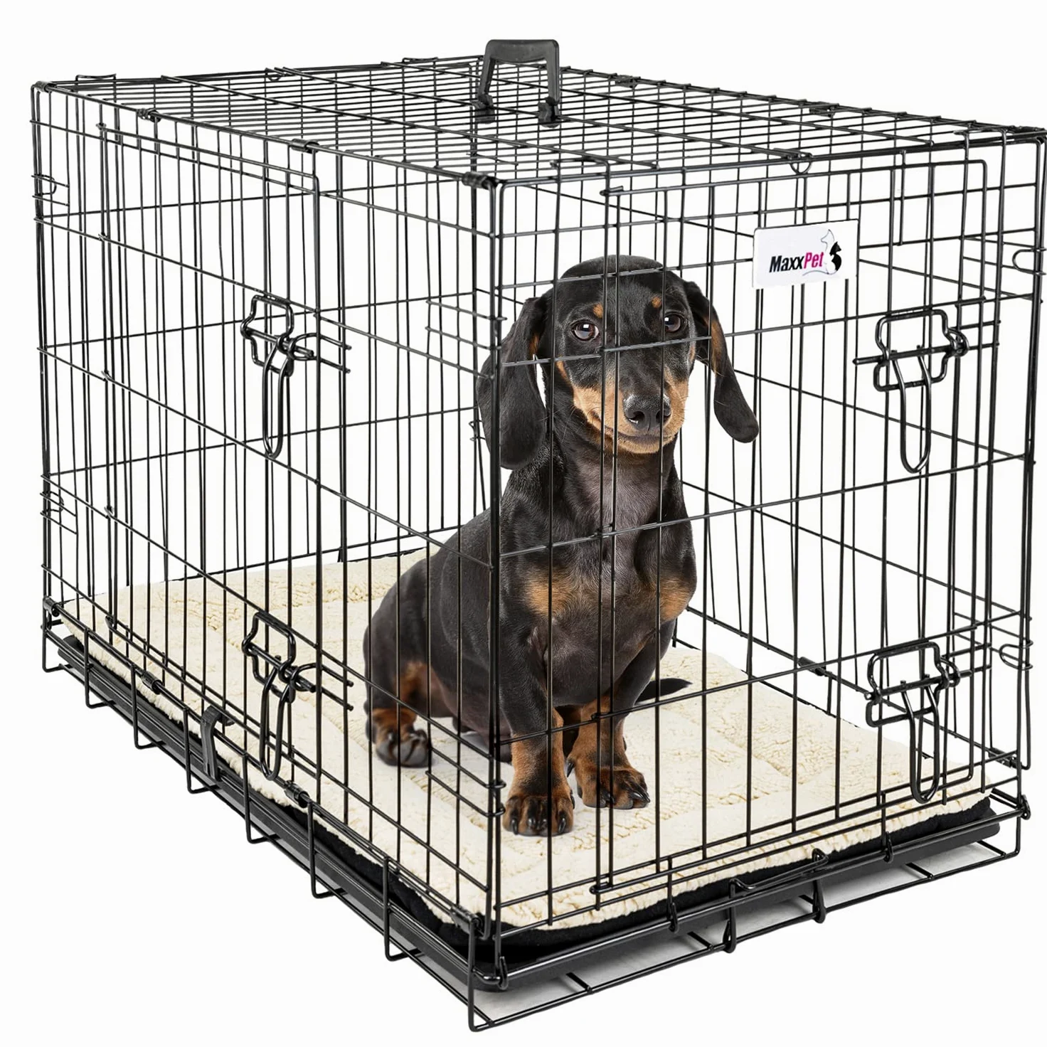 MaxxPet Gabbia Per Cane - Gabbia Cani - Con 2 Porte d’Ingresso - Pieghevole e Trasportabile - Kennel Cane Grande - Incl. cuscino per cane e ciotola - 76x48x53 cm - Nero