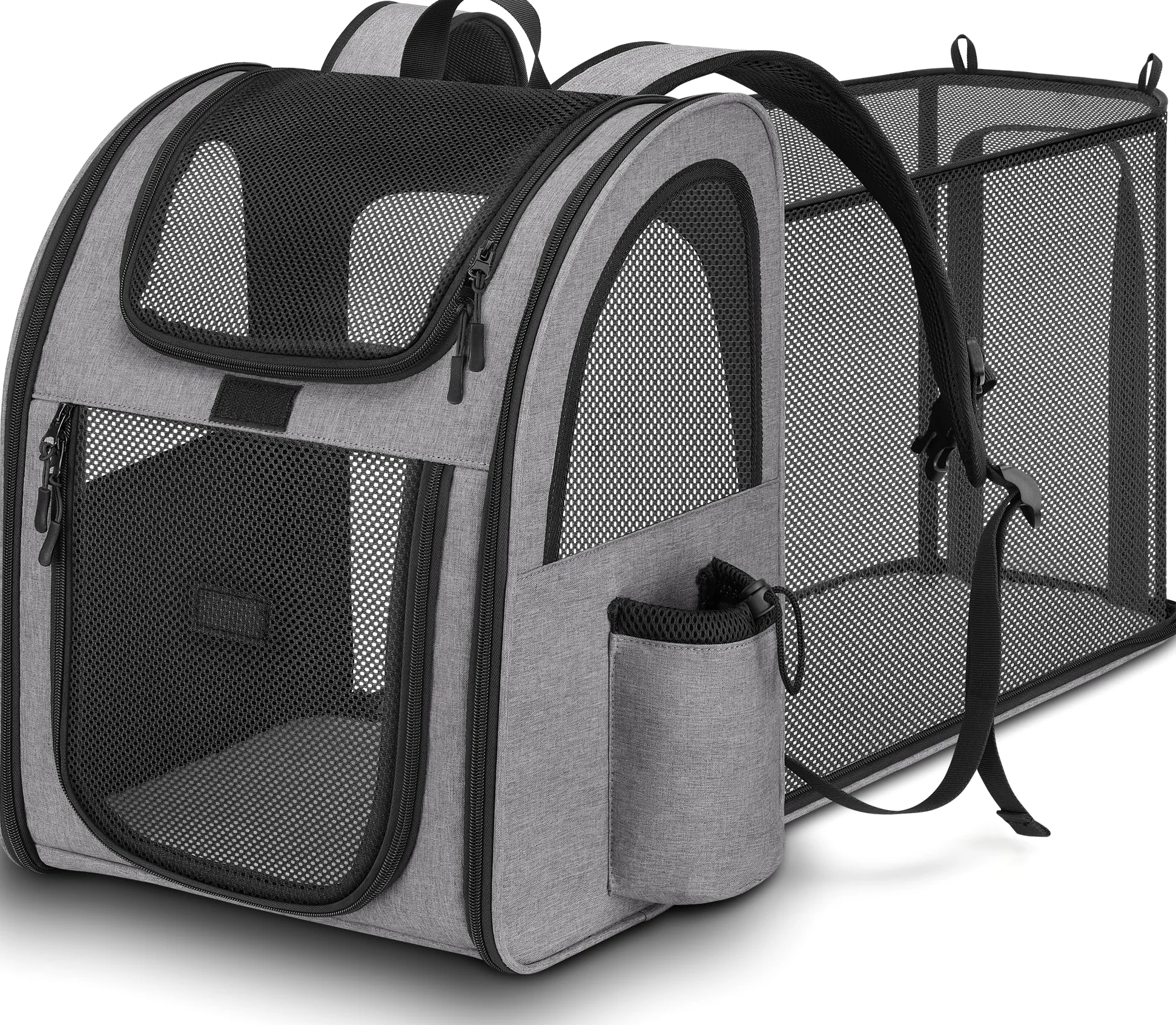 Zaino per Cani Gatti Estensibile, Zaino Gatto Cane 10 kg, Traspirante Zaino Porta Cane Gatto con Finestra a Rete, Zaino Trasportino Gatto Cani con Guinzaglio Interno e Tappetino per Viaggi - Grigio