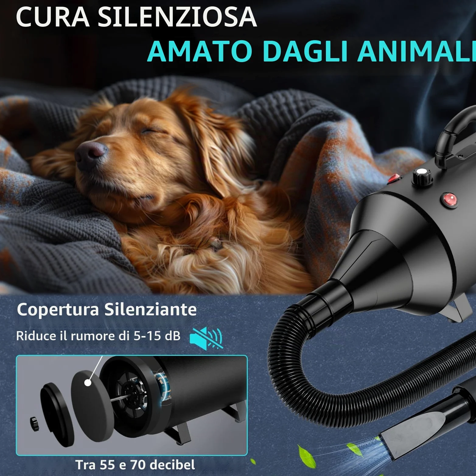 Soffiatore per Cani Blower Molto Silenzioso, 5,2 CV/3800 W, velocità Regolabile, Ventilatore per la Cura del Cane con 4 Diversi ugelli, Tubo Elastico e Spazzola per la Cura (Nero)