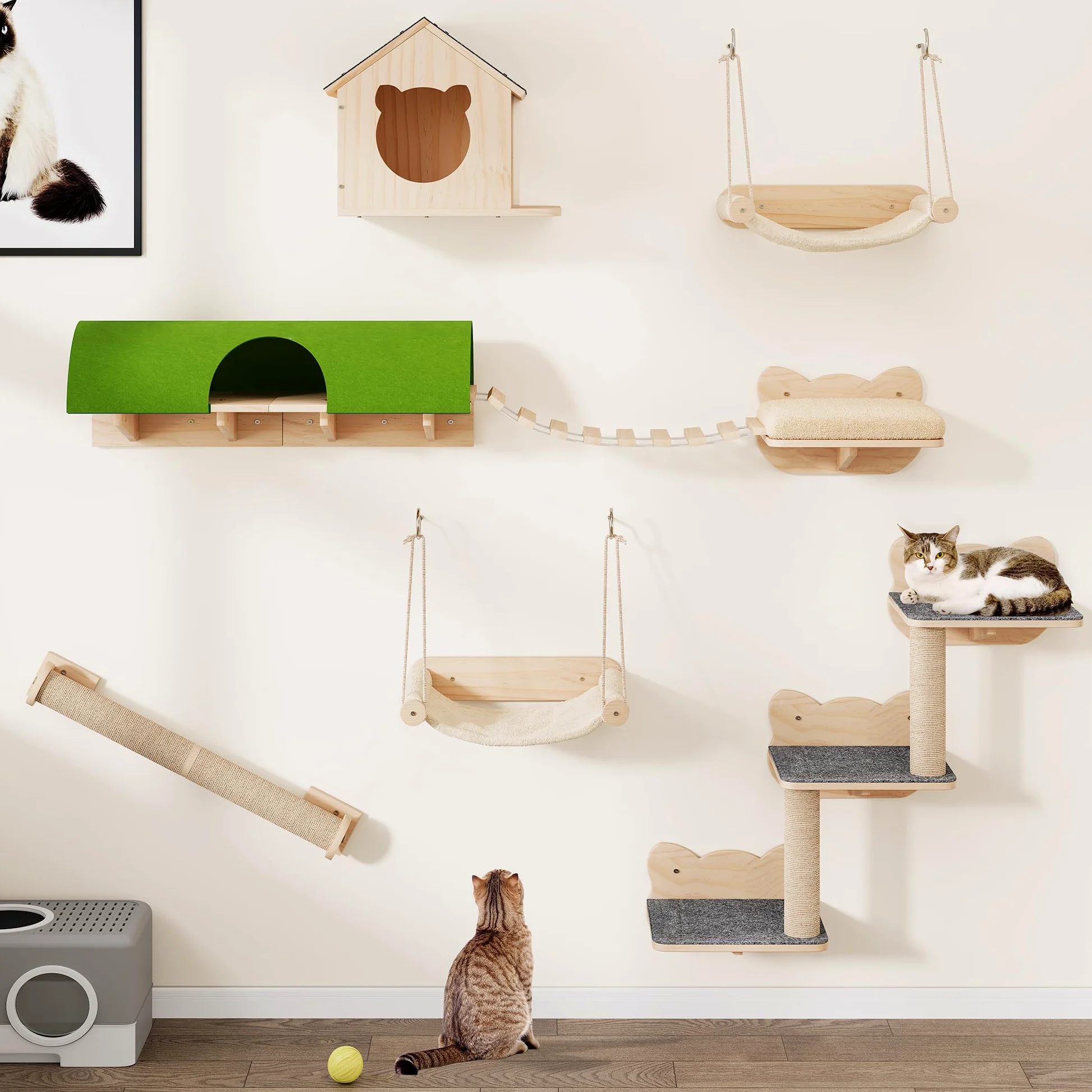 YITAHOME Set da parete per gatti in legno robusto, 7 ripiani con casa, ponte sospeso, scale, amaca e tiragraffi per dormire, giocare e riposare