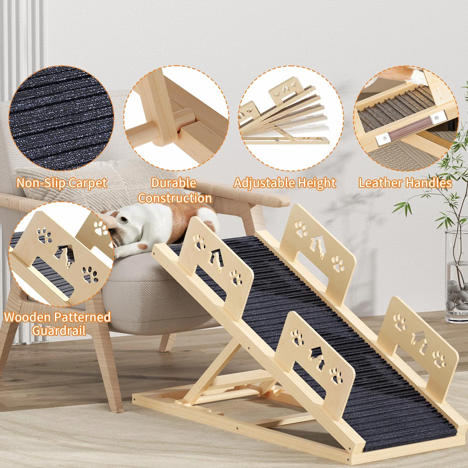 Rampa per cani, letto lungo 100 cm, con ringhiera di sicurezza, scala per cani in legno, regolabile in altezza, con rampa antiscivolo, per letto, divano, auto, viaggi, piccoli, grandi e anziani