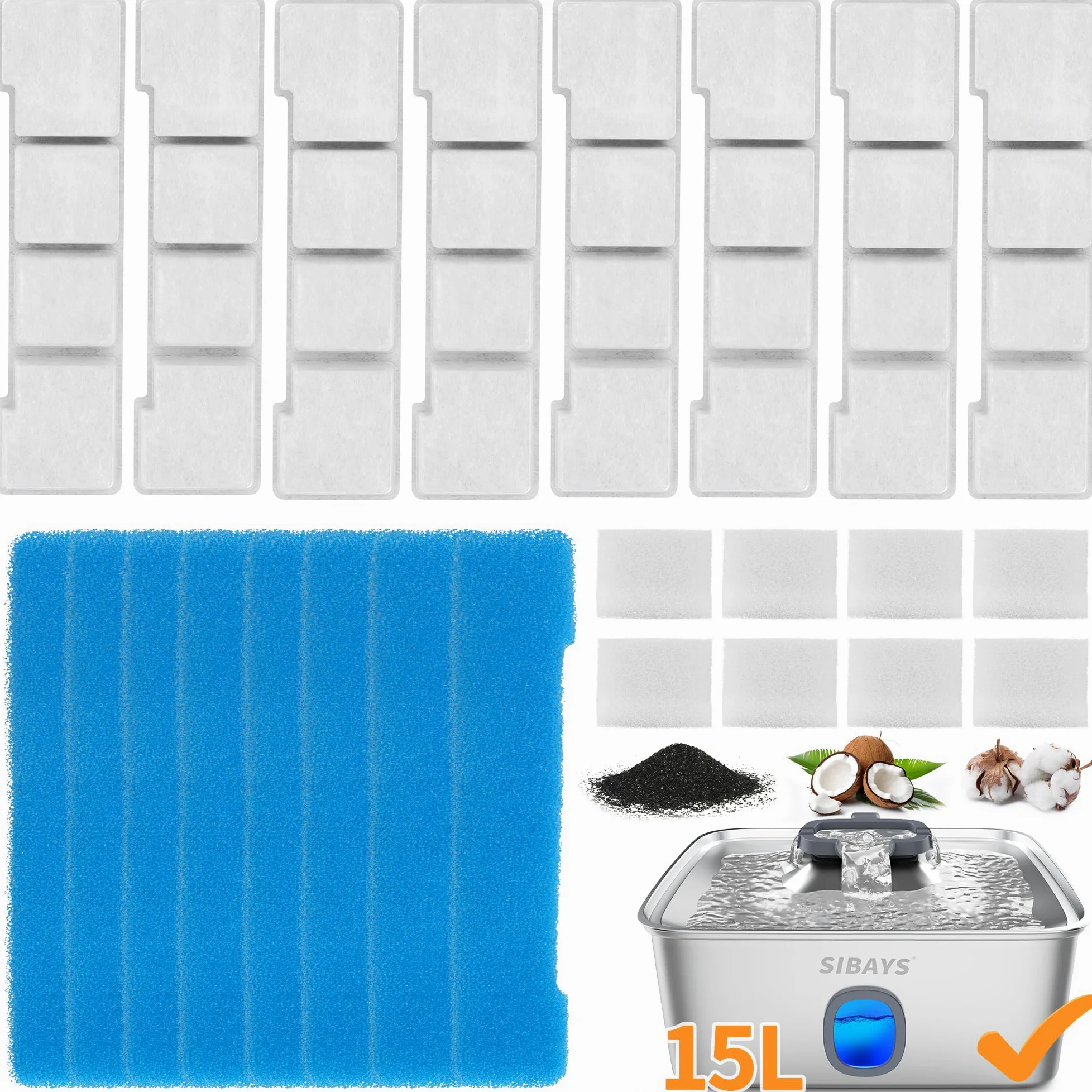 SIBAYS Filtri per fontana d'acqua per gatti, 15 l, ricambio per filtri per fontana d'acqua per cani, realizzati in carbone attivo e cotone PP, confezione da 8 filtri, confezione da 8 spugne pre-filtro