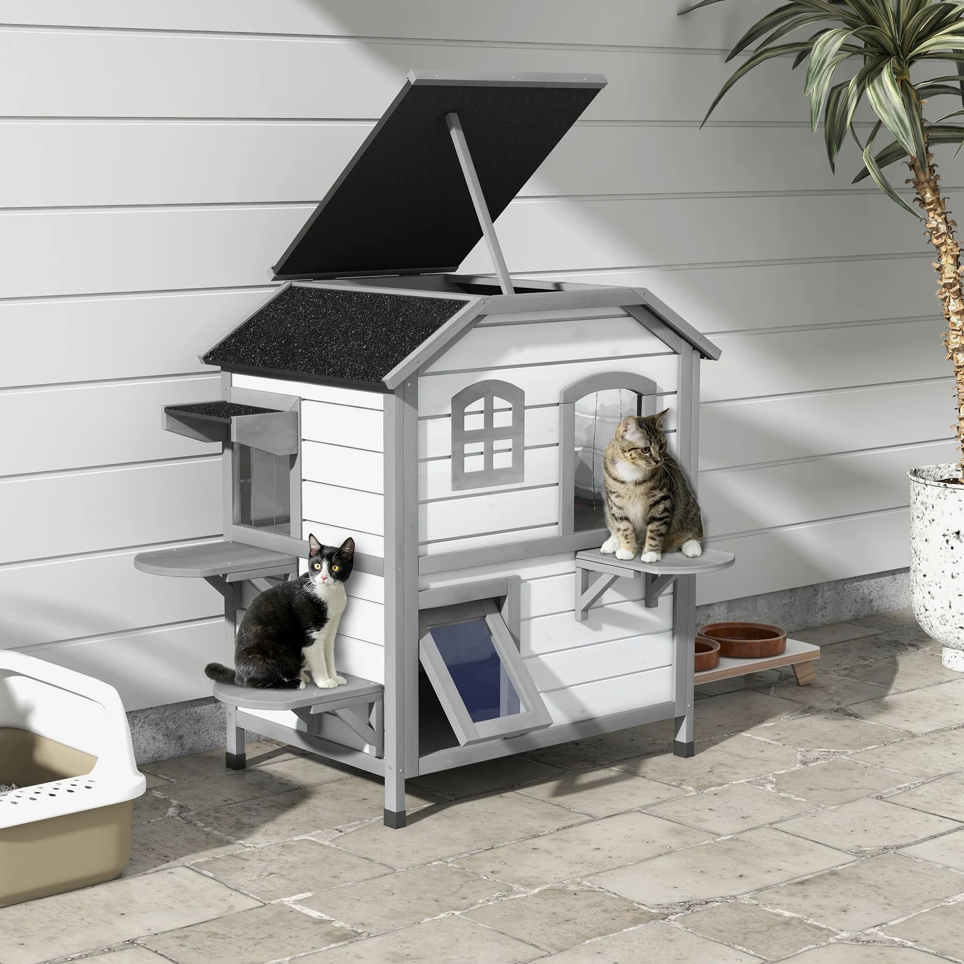 PawHut Casetta per Gatti Con Tetto in Asfalto, da Esterno Con Scale, Villa a 2 Piani, Impermeabile, da Giardino, in Legno di Abete, Bianco, 78 x 55,5 x 91 cm