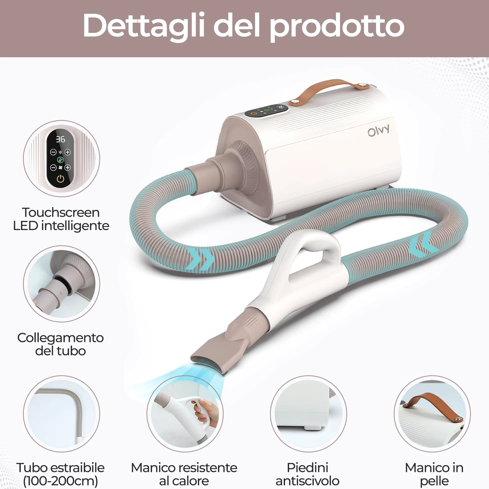 Olvy Asciugacapelli per Cani, Phon per Animali Domestici con Schermo LED Touch, velocità del Vento Regolabile, 4 Ugelli, Soffiatore Professionale per Toelettatura Cani