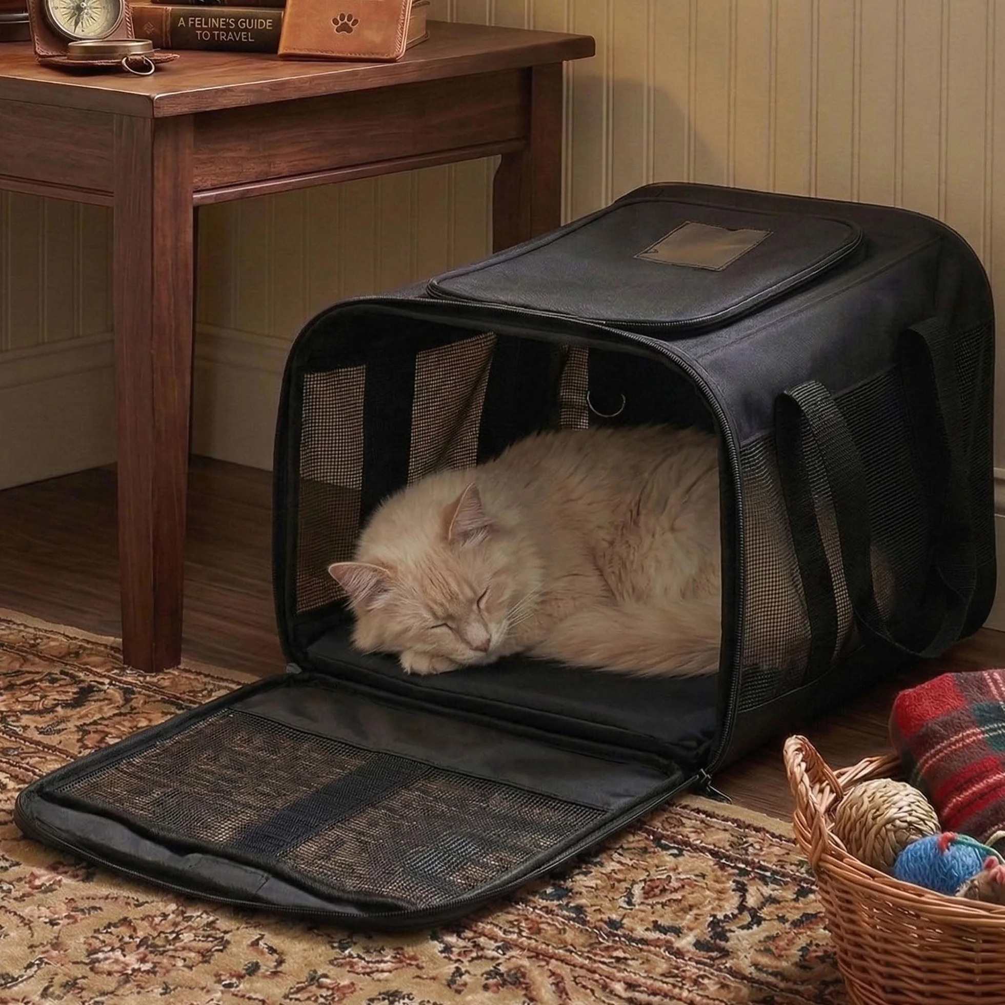 Conlun Trasportino per gatti approvato, Trasportino morbido con guinzaglio interno, Per gatti e cuccioli fino a 7 kg, Borsa da viaggio pieghevole -Nero,M