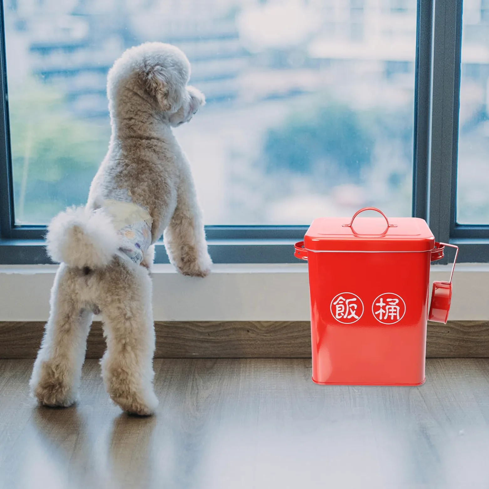 Secchio per Cibo per Animali Domestici Rosso, Grande Capacità, Acciaio | Grains e Dog Food, Uso Domestico, Include Spoons, Facile da Pulire