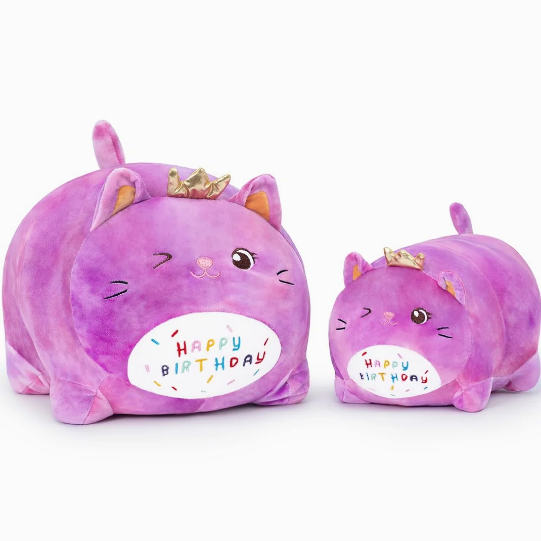 Peluche Gatto Compleanno - Giocattolo Morbido con Scritta 'HAPPY BIRTHDAY', Regalo Personalizzabile per Bambini Adulti (25CM,Viola)