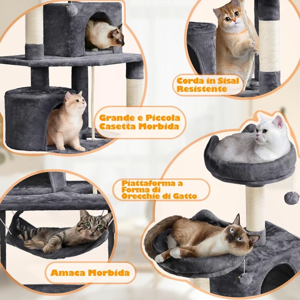 Yaheetech Albero Tiragraffi per Gatti Adulti Grandi Medi con Giocattolo Gioco Palle in Corda Sisal Naturale 61 x 49 x 158 cm Grigio Scuro