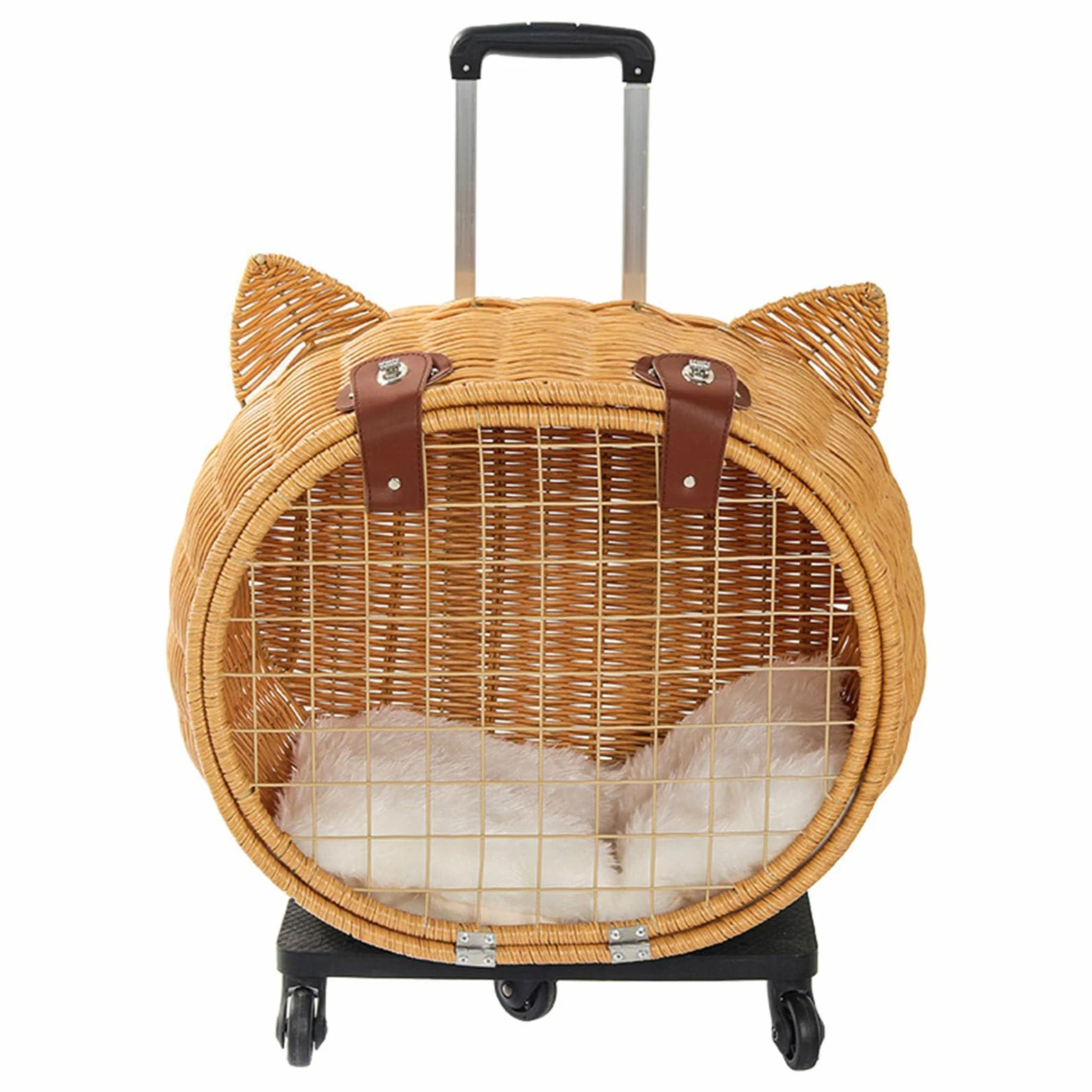 Passeggino per gatti in stile retrò, in rattan, con ruote e manico telescopico, ideale per viaggi, passeggiate e visite veterinarie