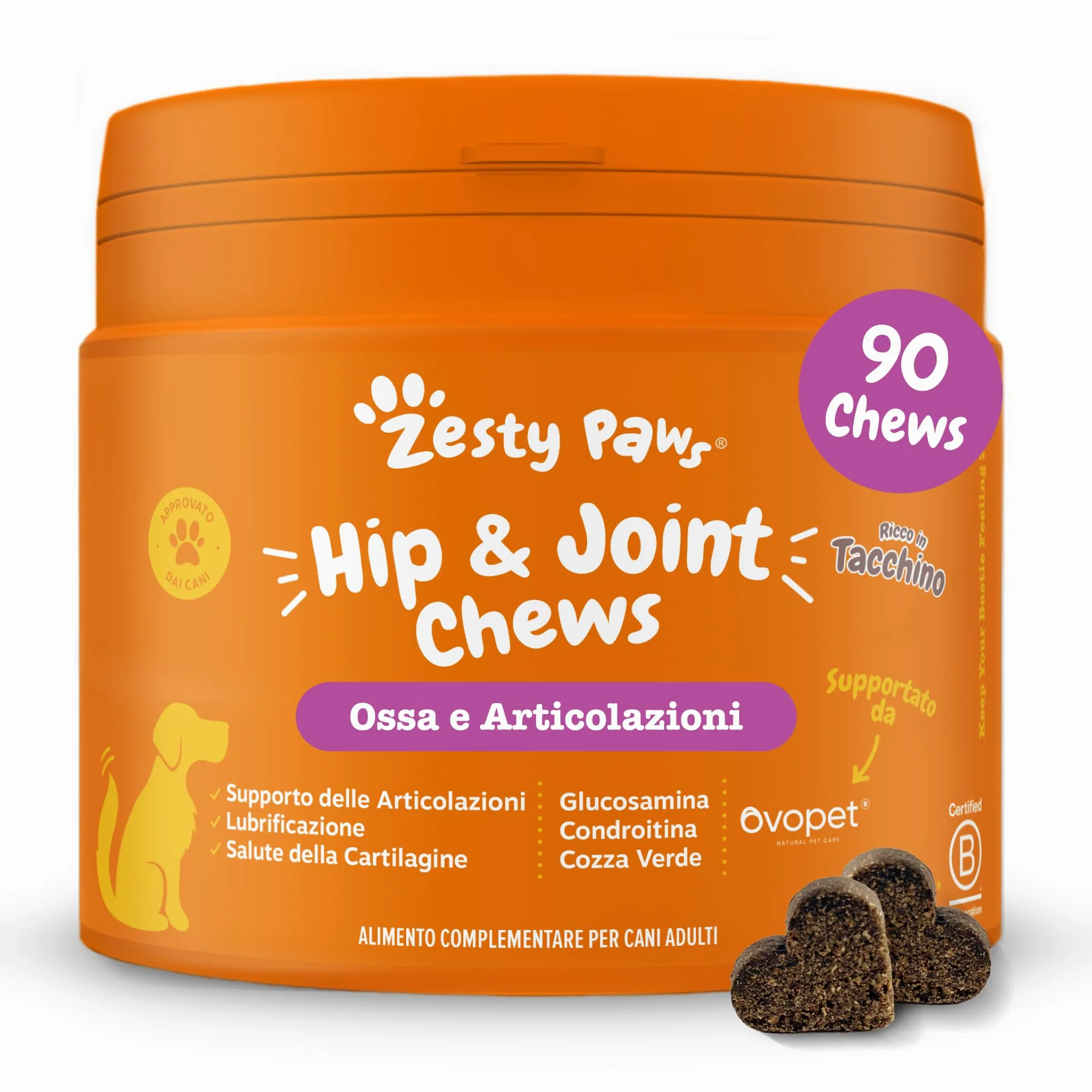 Zesty Paws Hip & Joint per Cani – Supporto Mobilità, Flessibilità Articolare, Articolazioni Rigide e Cartilagine – con Glucosamina, Condroitina e Cozza Verde – 90 Bocconcini